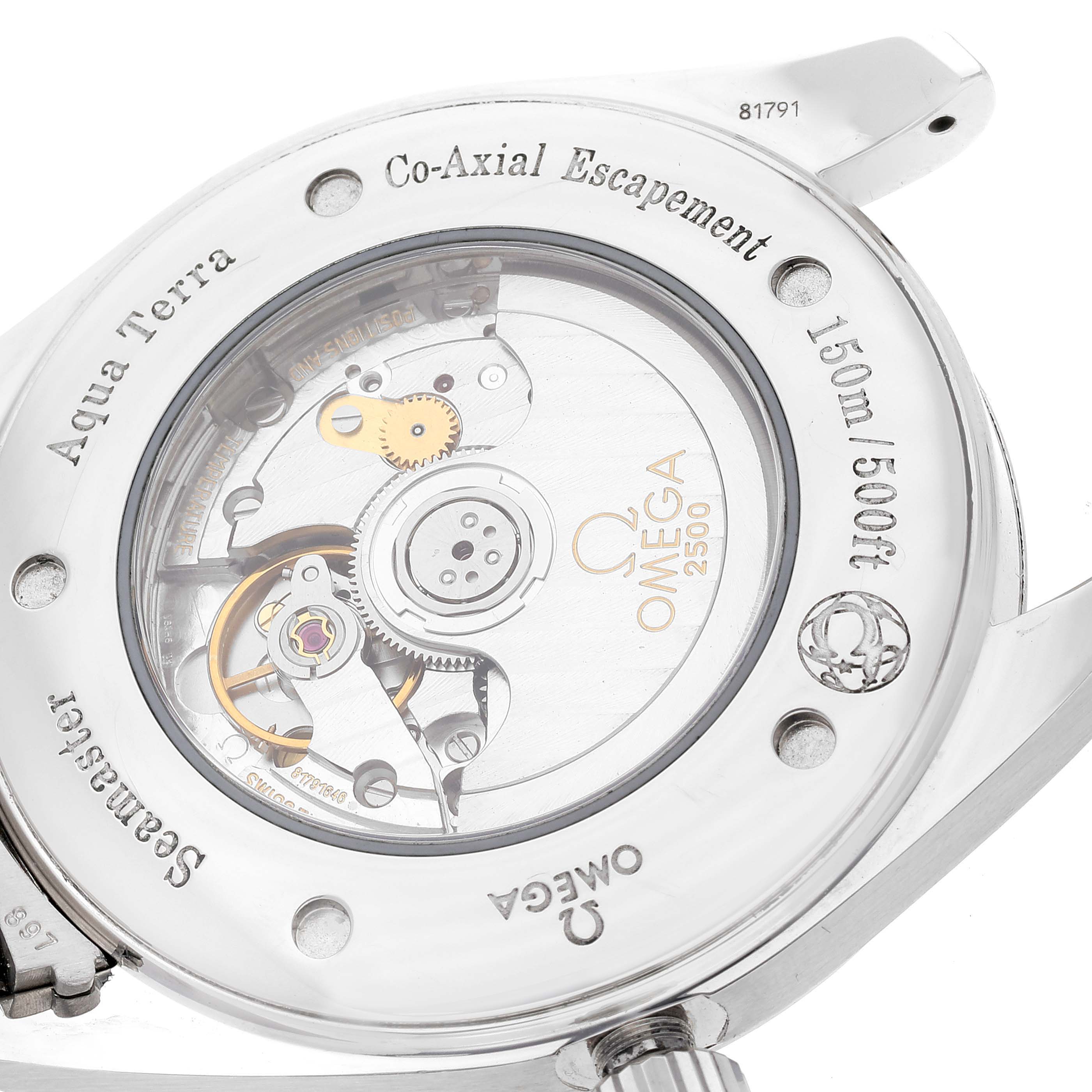 The image shows the case back of the Omega Aqua Terra 2502.34.00 Men
s Stainless Steel Silver Dial 2502.34.00 Men
s Stainless Steel Silver Dial watch, displaying the movement and Co-Axial Escapement.