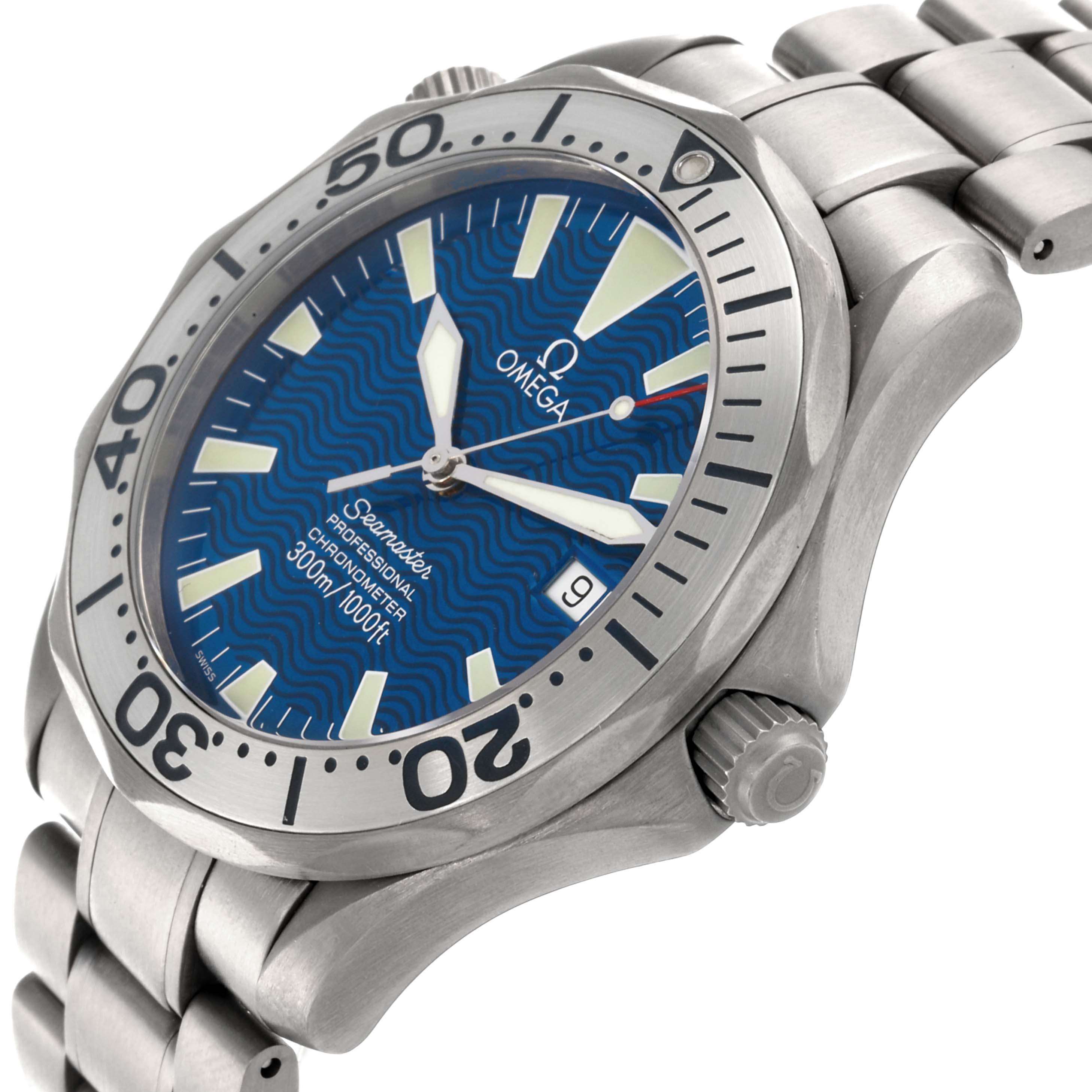 The Omega Seamaster 2231.80.00 Men's Titanium Blue Dial 2231.80.00 Men's Titanium Blue Dial watch is shown at an oblique angle, displaying the face, bezel, crown, and part of the bracelet.