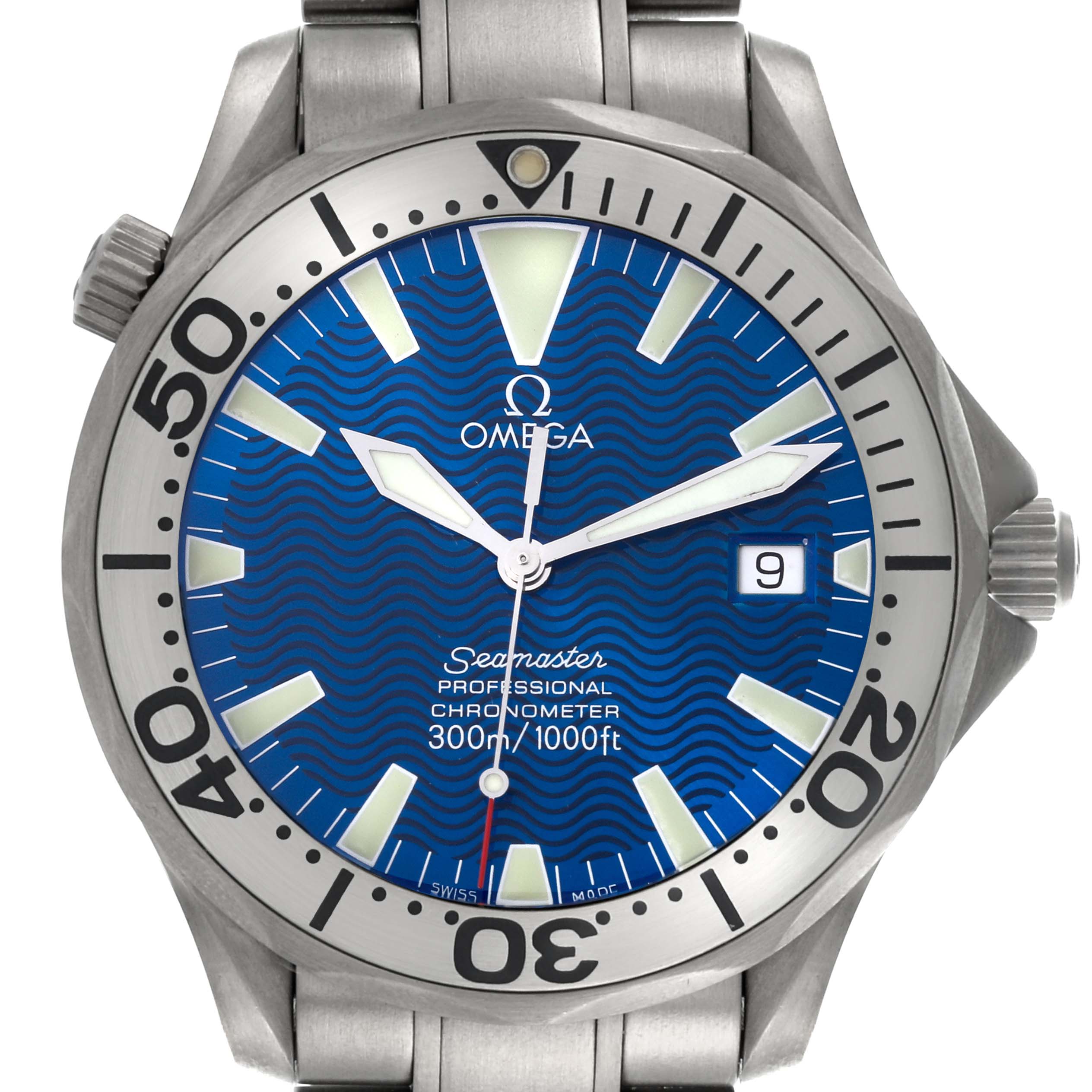 The Omega Seamaster 2231.80.00 Men's Titanium Blue Dial 2231.80.00 Men's Titanium Blue Dial watch is shown from the front, highlighting its blue dial, bezel, and date display.