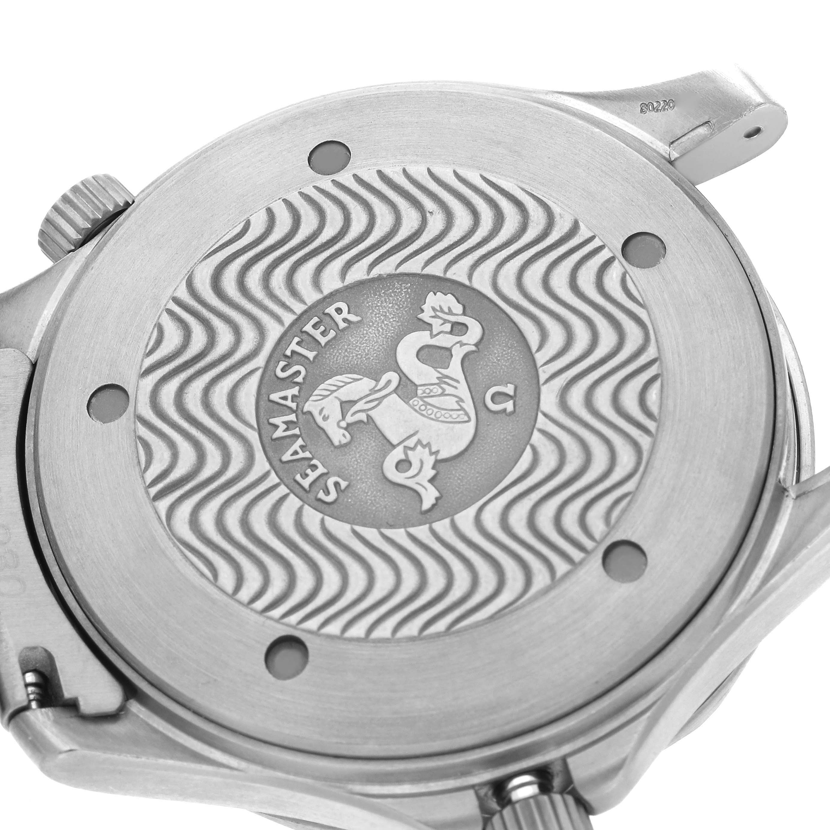 The image shows the case back of an Omega Seamaster 2231.80.00 Men's Titanium Blue Dial 2231.80.00 Men's Titanium Blue Dial watch, featuring the wavy pattern and logo.