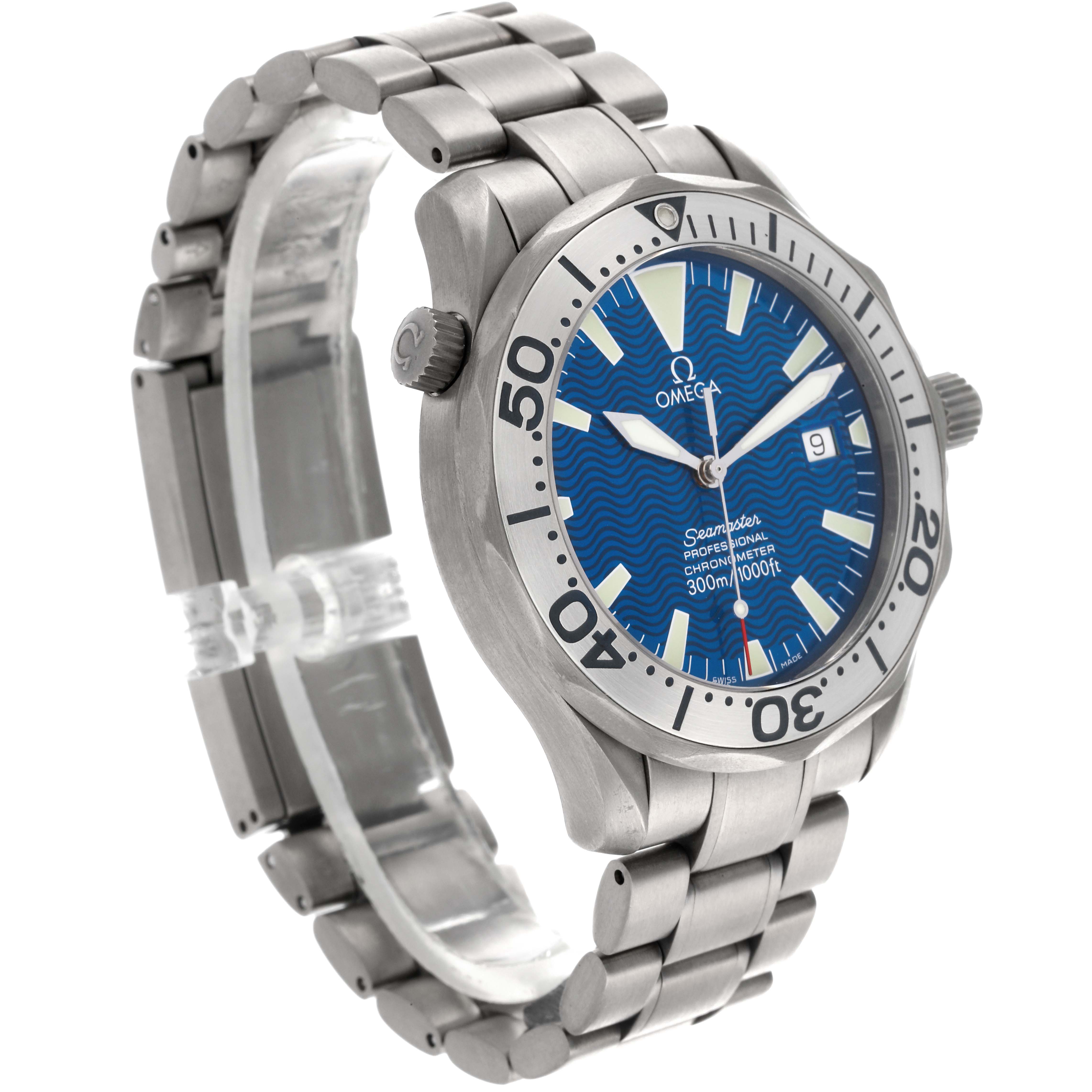 The Omega Seamaster 2231.80.00 Men's Titanium Blue Dial 2231.80.00 Men's Titanium Blue Dial watch is shown at a slight angle, highlighting the face, bezel, and part of the bracelet.