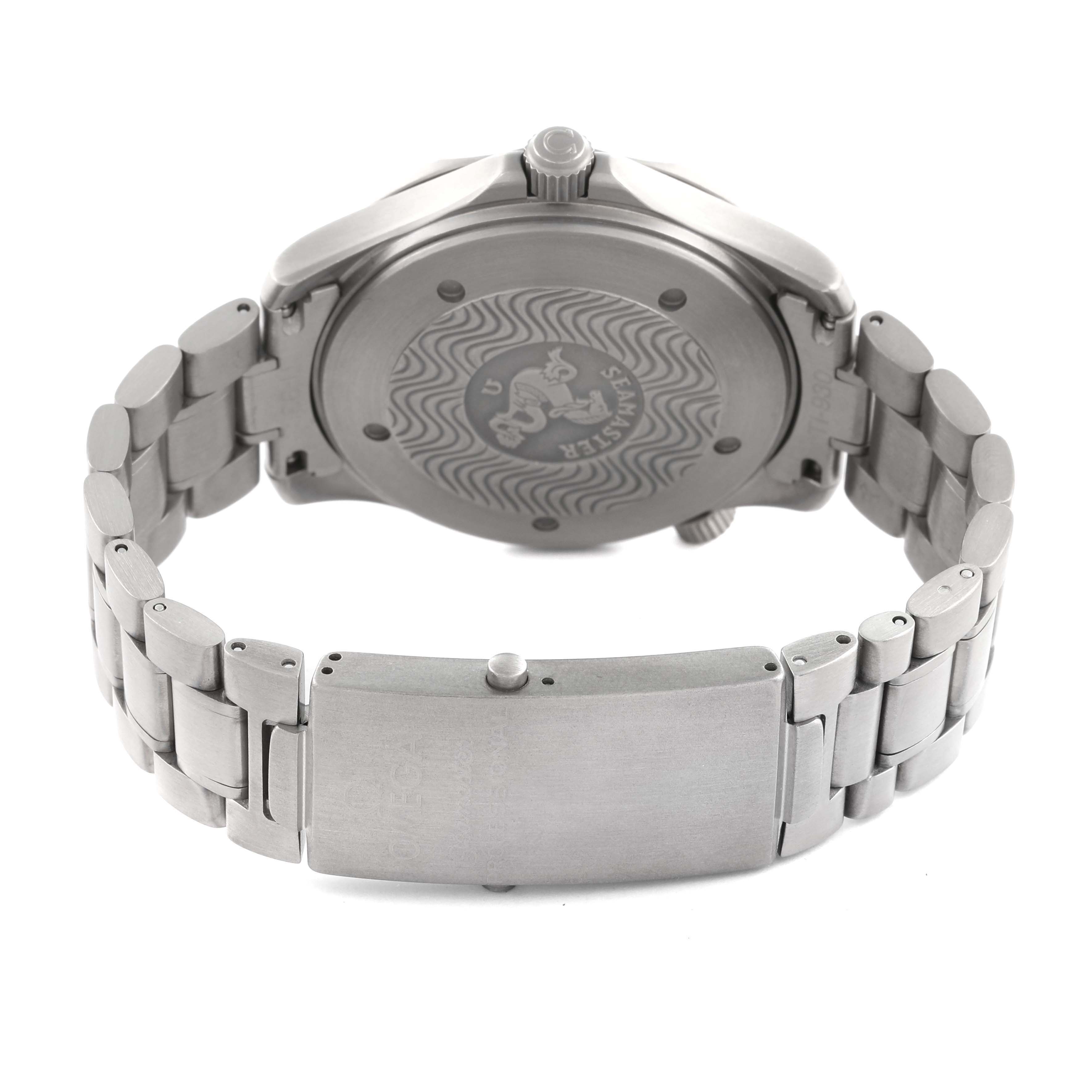 The image shows the back view of an Omega Seamaster 2231.80.00 Men's Titanium Blue Dial 2231.80.00 Men's Titanium Blue Dial, highlighting the case back and metal bracelet with clasp.