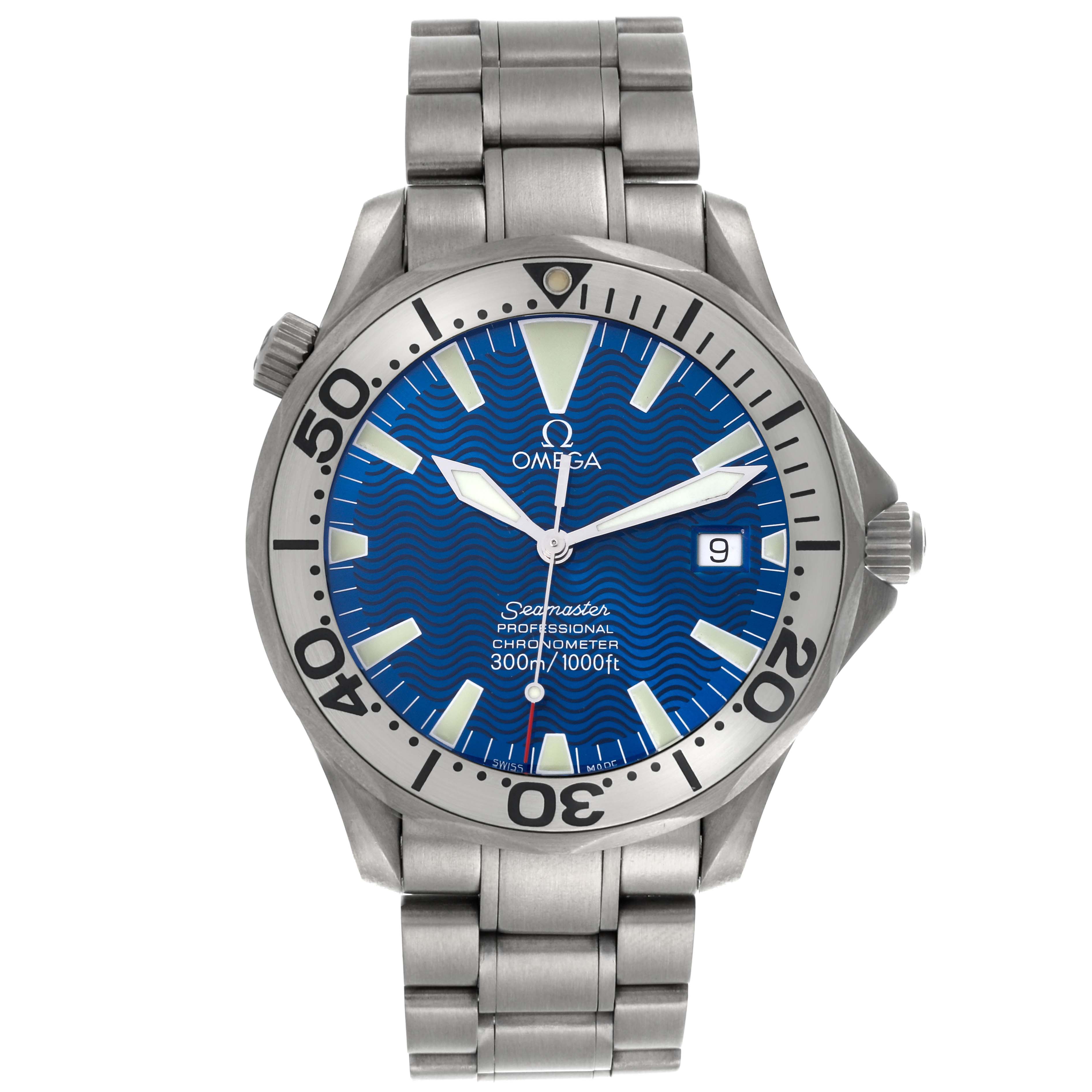The Omega Seamaster 2231.80.00 Men's Titanium Blue Dial 2231.80.00 Men's Titanium Blue Dial is shown from the front, displaying the blue dial, bezel, crown, and metal bracelet.