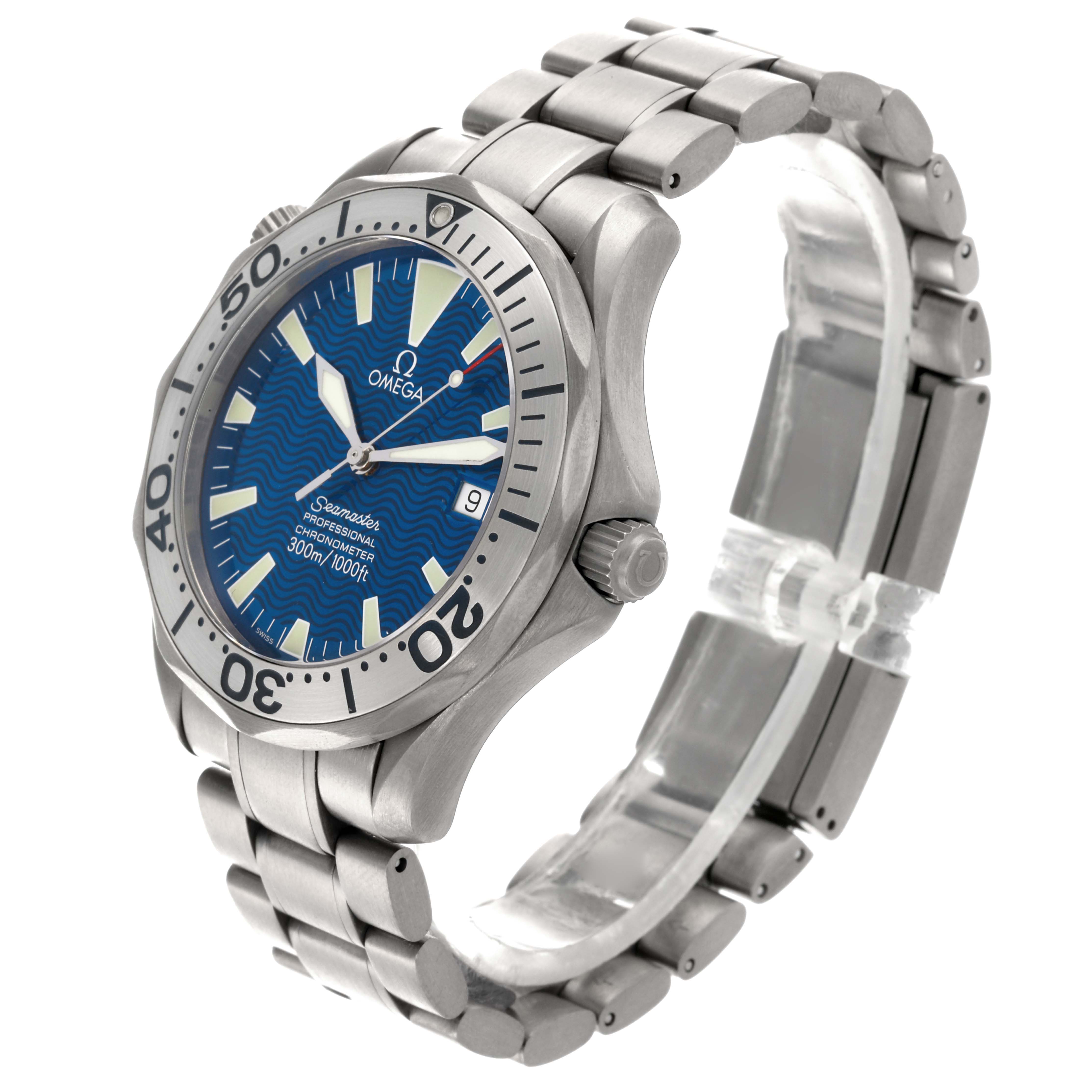 The Omega Seamaster 2231.80.00 Men's Titanium Blue Dial 2231.80.00 Men's Titanium Blue Dial watch is shown at a three-quarter angle, displaying the face, bezel, crown, and bracelet prominently.
