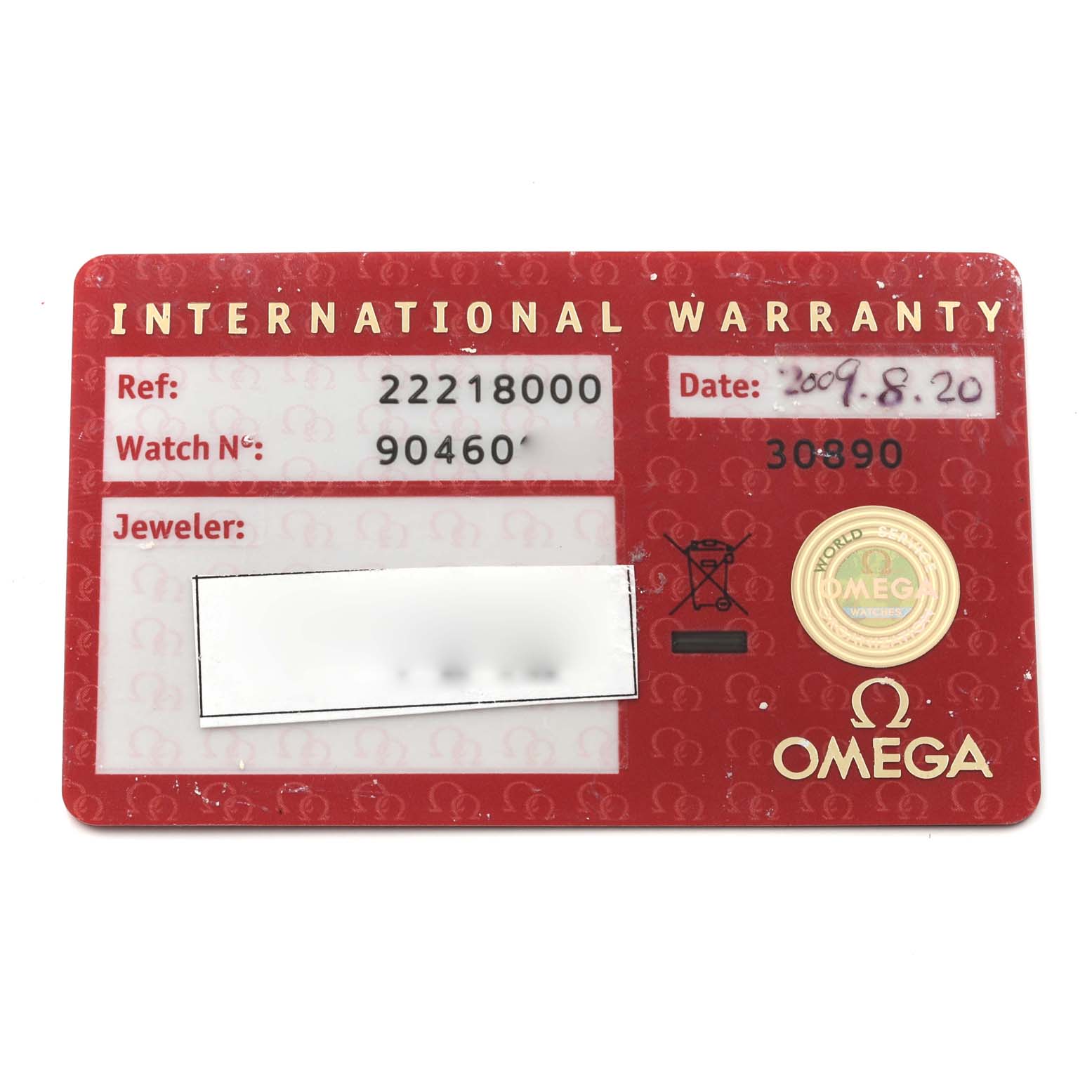 The image shows the front of an Omega Seamaster 2221.80.00 Men's Stainless Steel Blue Dial 2221.80.00 Men's Stainless Steel Blue Dial International Warranty card.