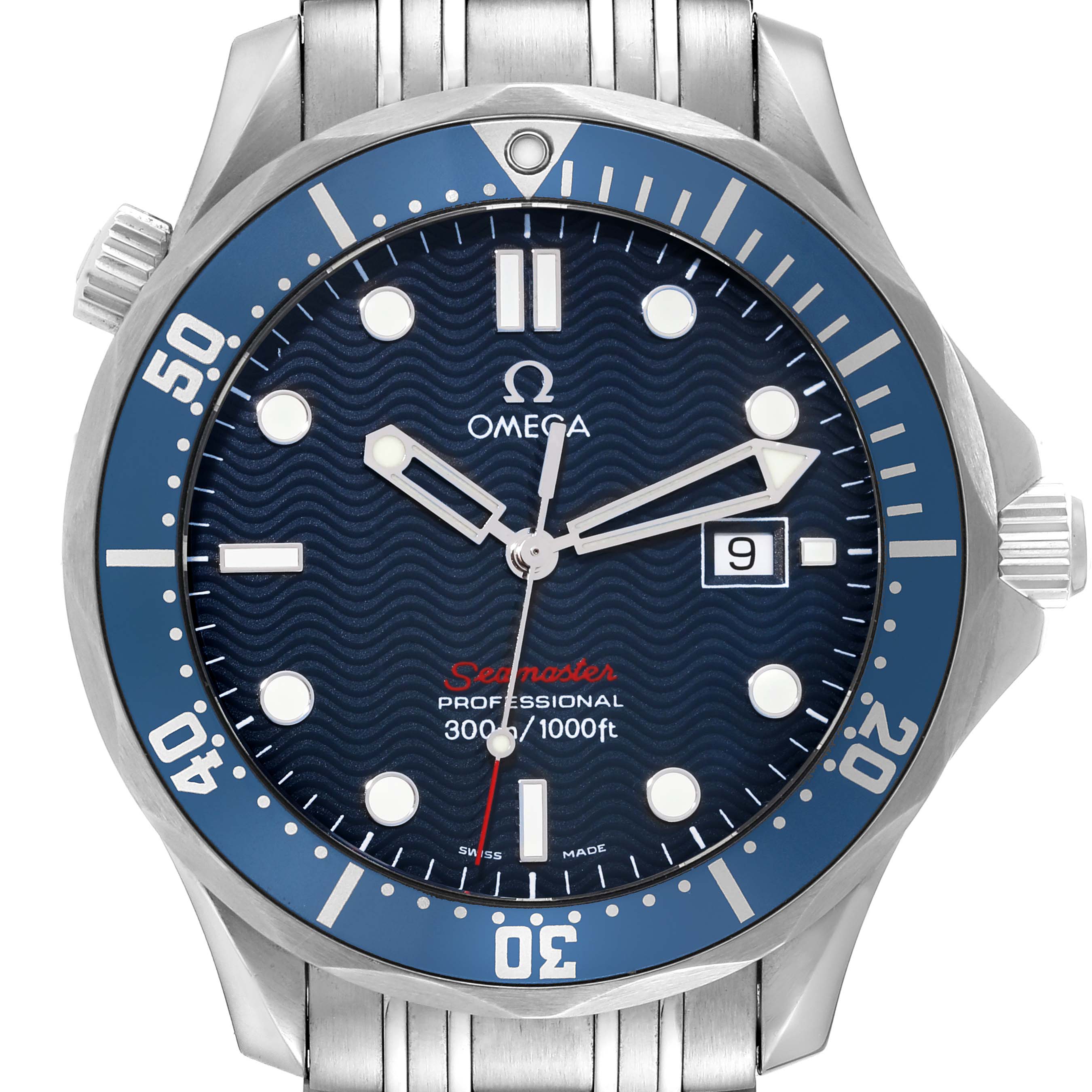 The image shows a front view of an Omega Seamaster 2221.80.00 Men's Stainless Steel Blue Dial 2221.80.00 Men's Stainless Steel Blue Dial watch featuring a stainless steel case, blue dial, and date window at 3 o'clock.