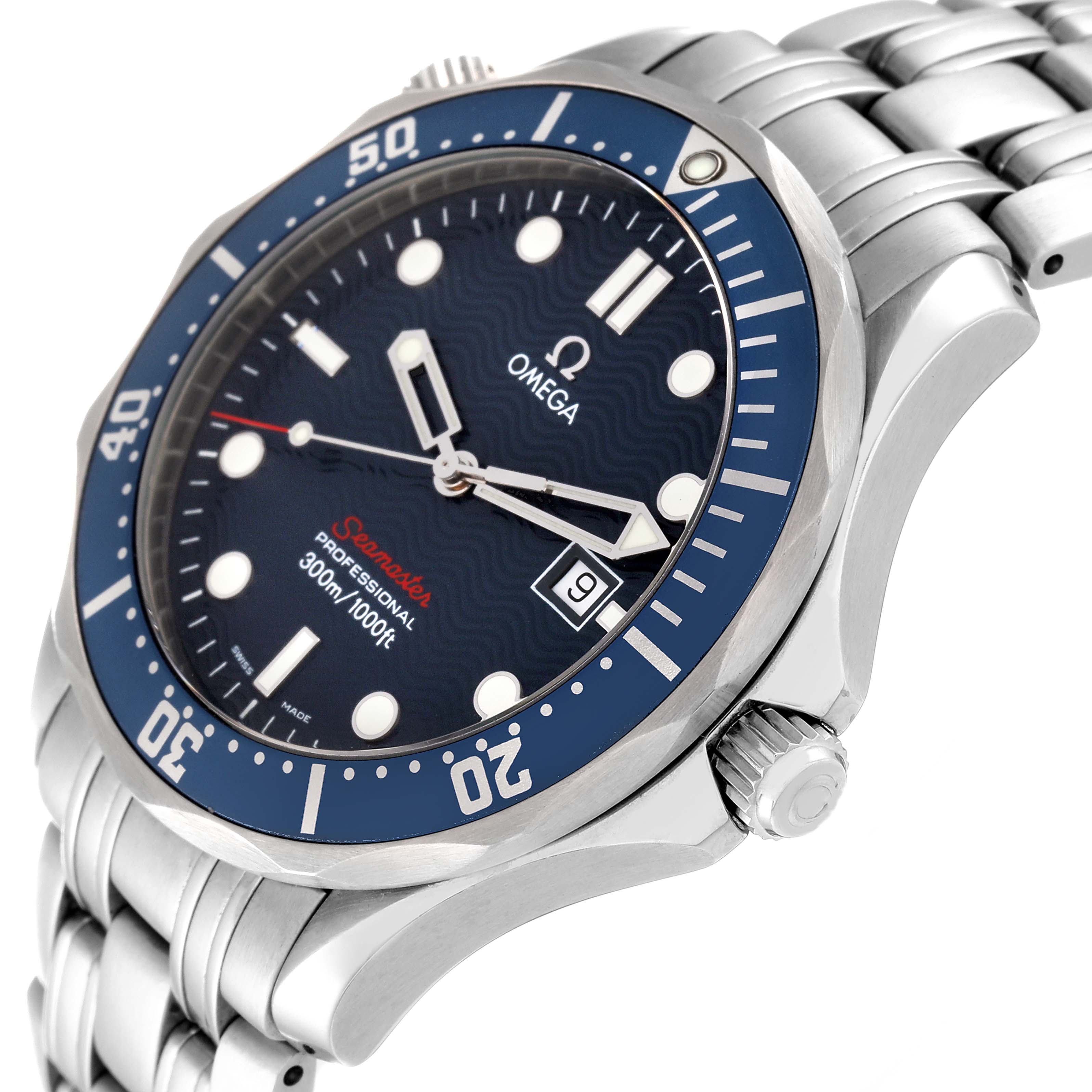 This image shows an angled view of the Omega Seamaster 2221.80.00 Men's Stainless Steel Blue Dial 2221.80.00 Men's Stainless Steel Blue Dial watch, highlighting the bezel, dial, crown, and stainless steel bracelet.