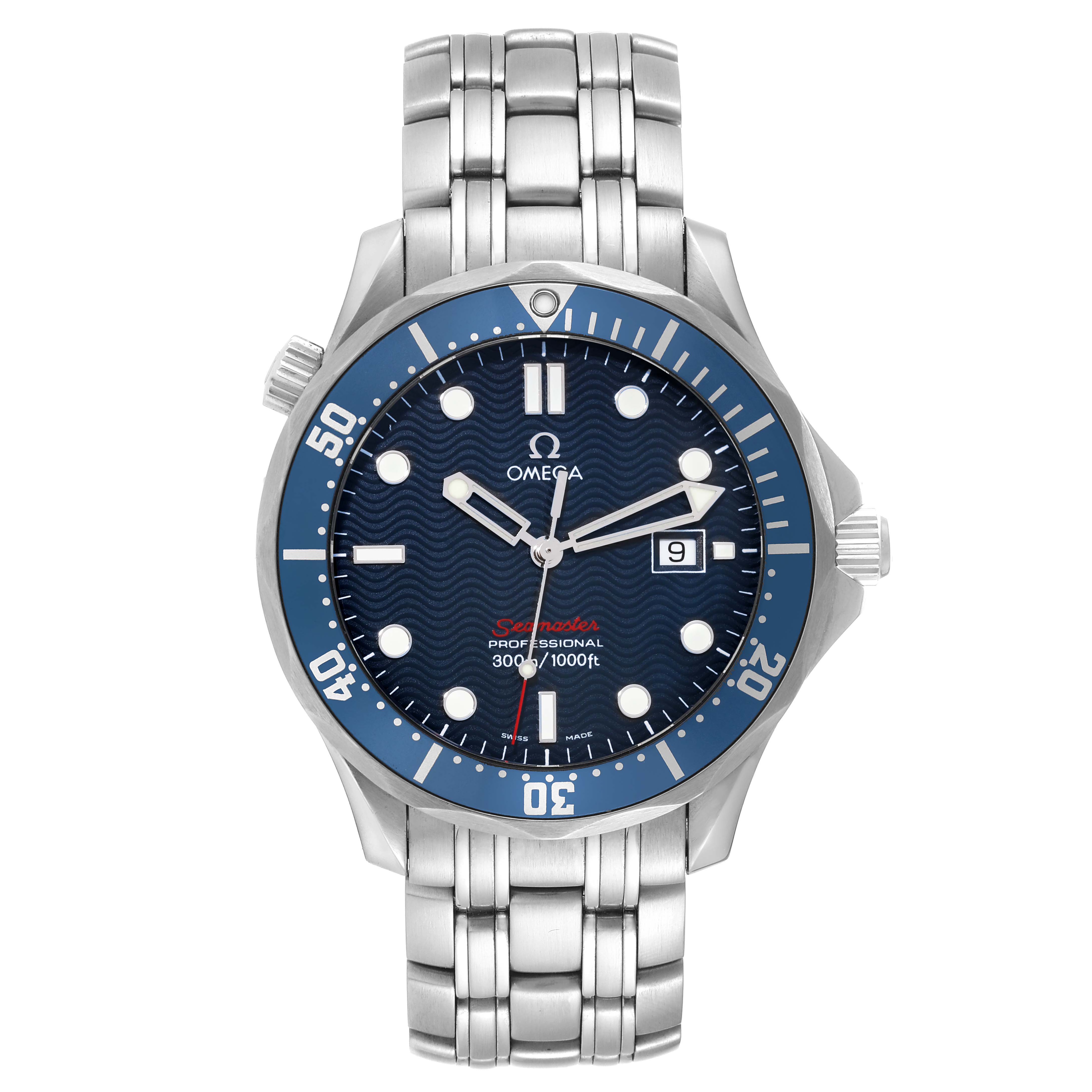 The Omega Seamaster 2221.80.00 Men's Stainless Steel Blue Dial 2221.80.00 Men's Stainless Steel Blue Dial watch is shown from a front angle, displaying the face, bracelet, and bezel.