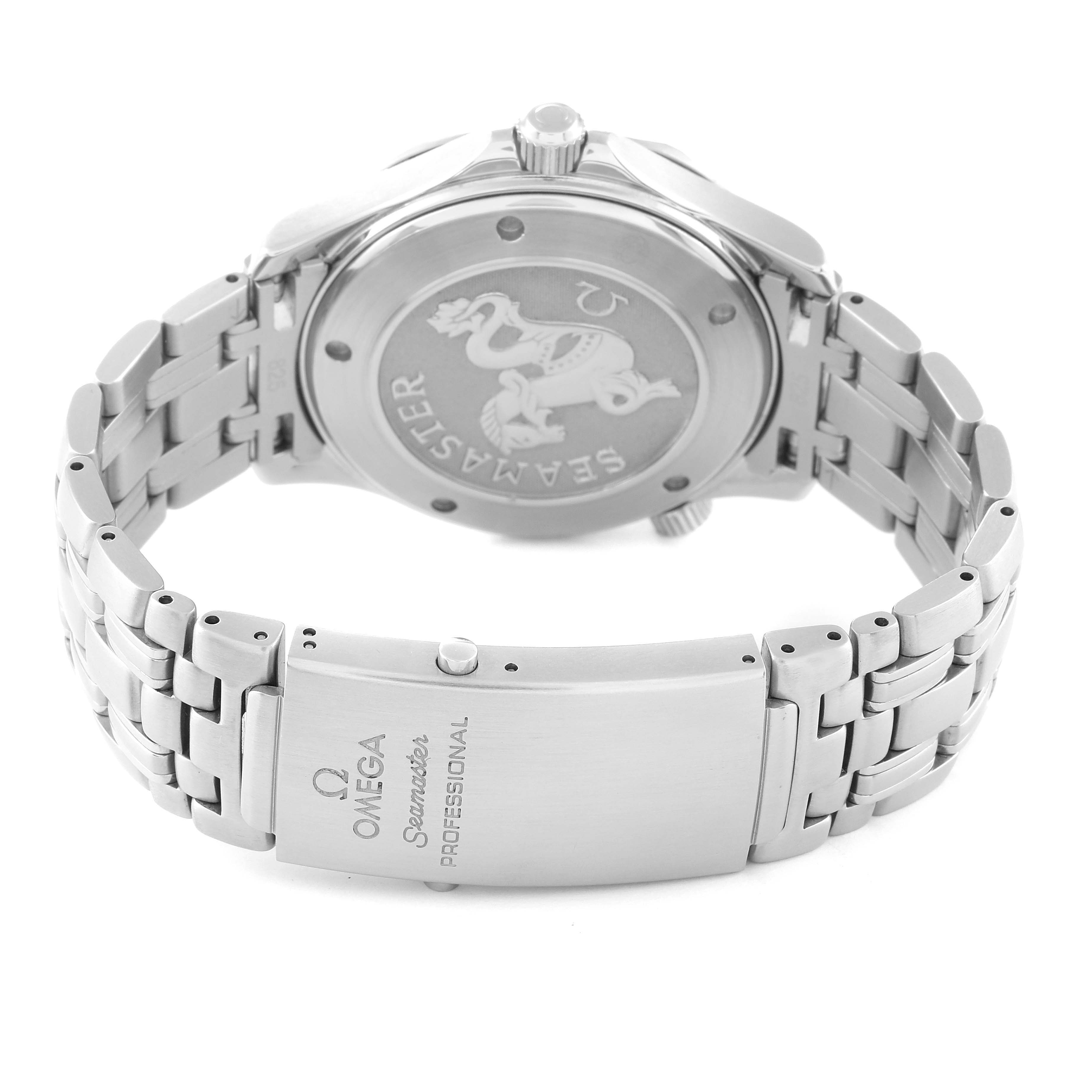 The image shows the back and clasp of the Omega Seamaster 2221.80.00 Men's Stainless Steel Blue Dial 2221.80.00 Men's Stainless Steel Blue Dial watch, highlighting the case back engraving and stainless steel bracelet.