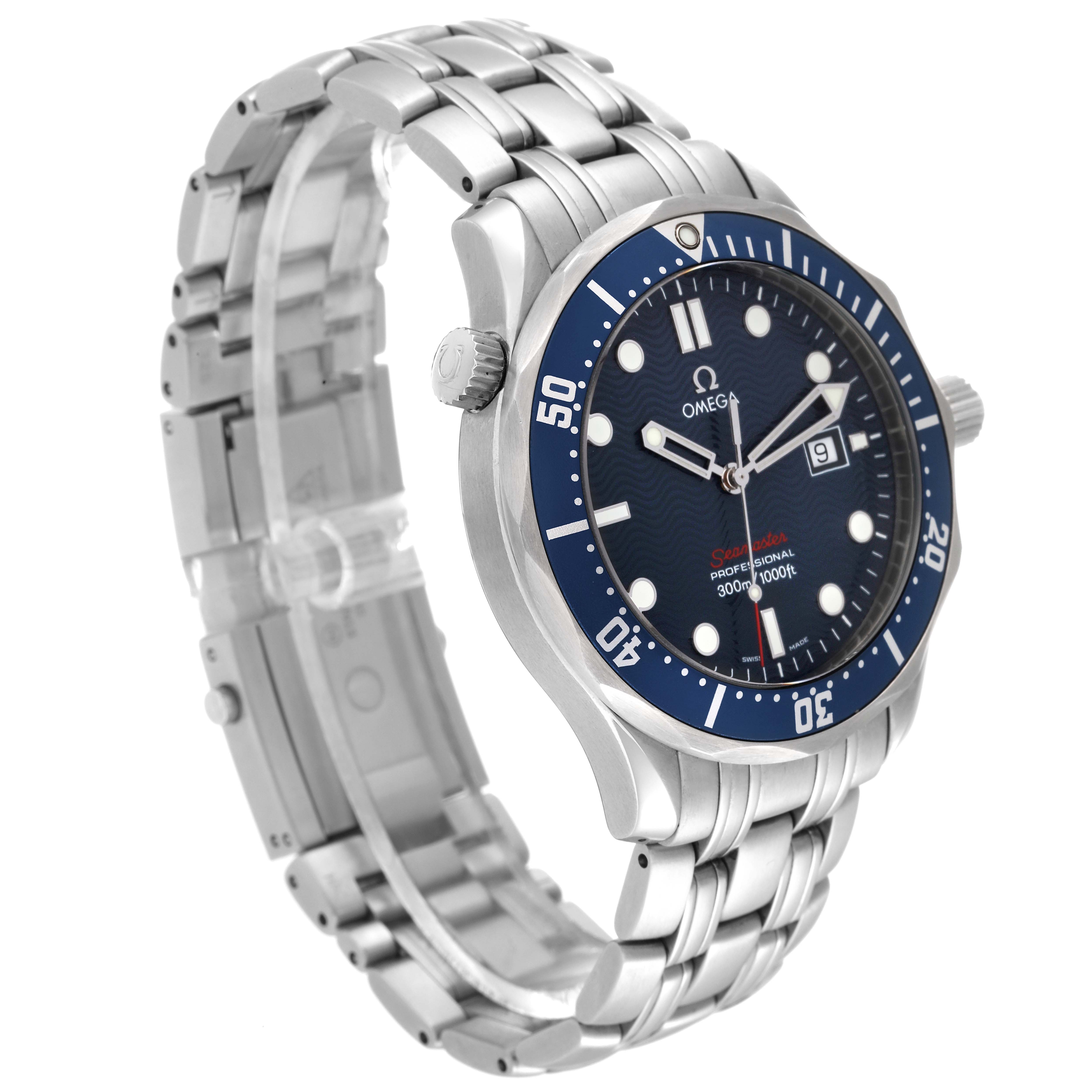 The Omega Seamaster 2221.80.00 Men's Stainless Steel Blue Dial 2221.80.00 Men's Stainless Steel Blue Dial watch is shown at an oblique angle, highlighting its blue bezel, dial, crown, and stainless steel bracelet.