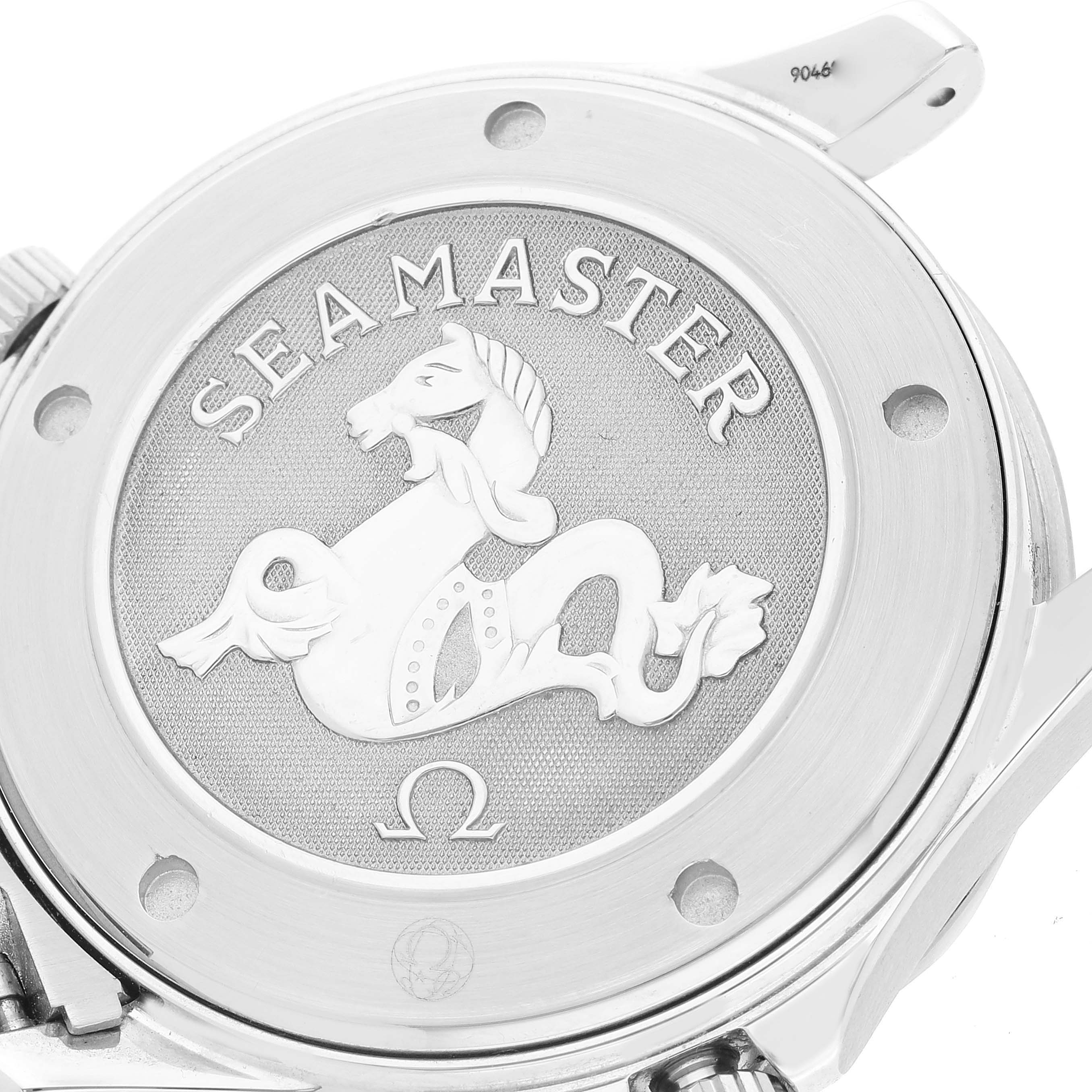 This image shows the back case of an Omega Seamaster 2221.80.00 Men's Stainless Steel Blue Dial 2221.80.00 Men's Stainless Steel Blue Dial watch featuring an engraved seahorse design.