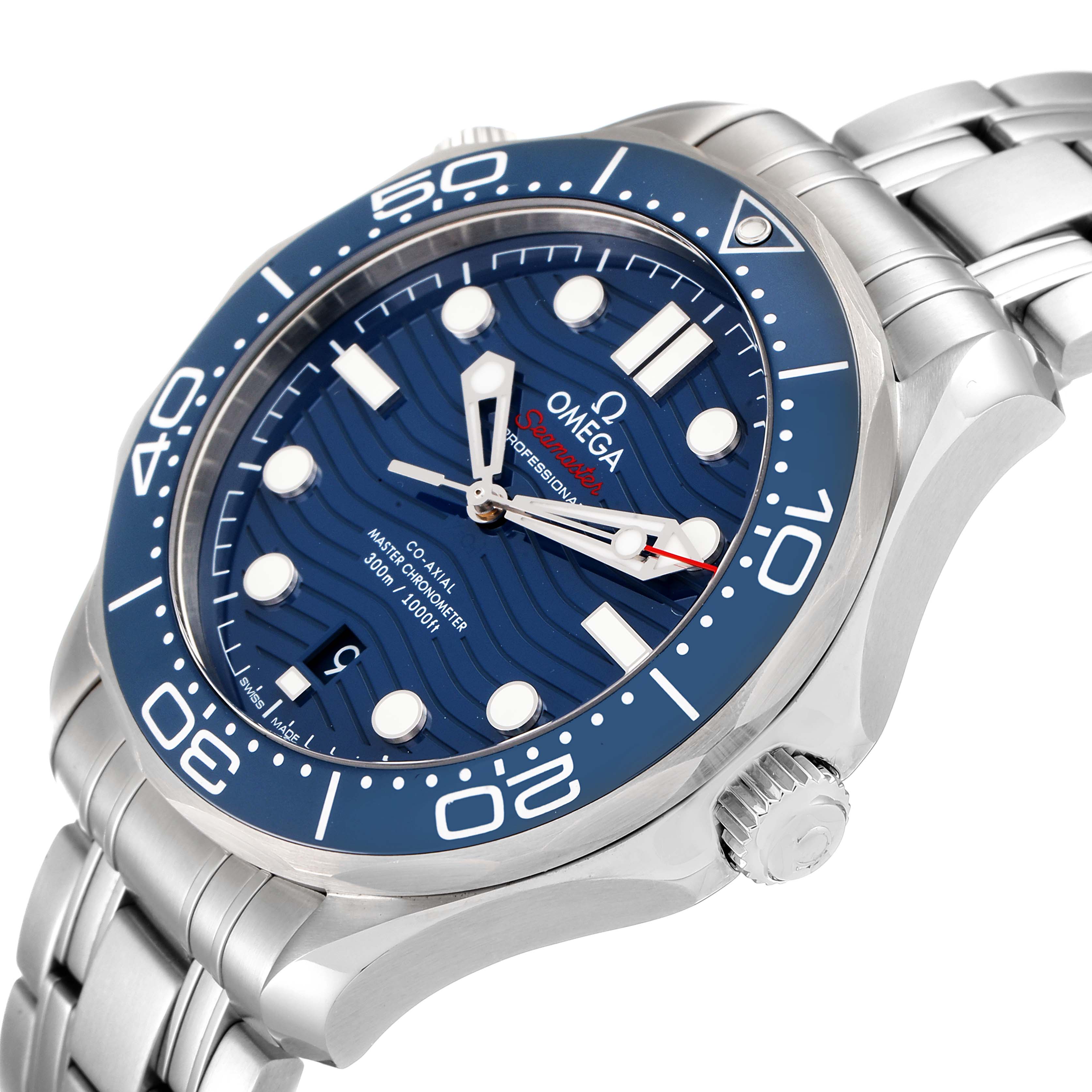 This image shows the Omega Seamaster 210.30.42.20.03.001 Men's Stainless Steel Blue Dial 210.30.42.20.03.001 Men's Stainless Steel Blue Dial watch from a side angle, highlighting the face, bezel, crown, and part of the bracelet.