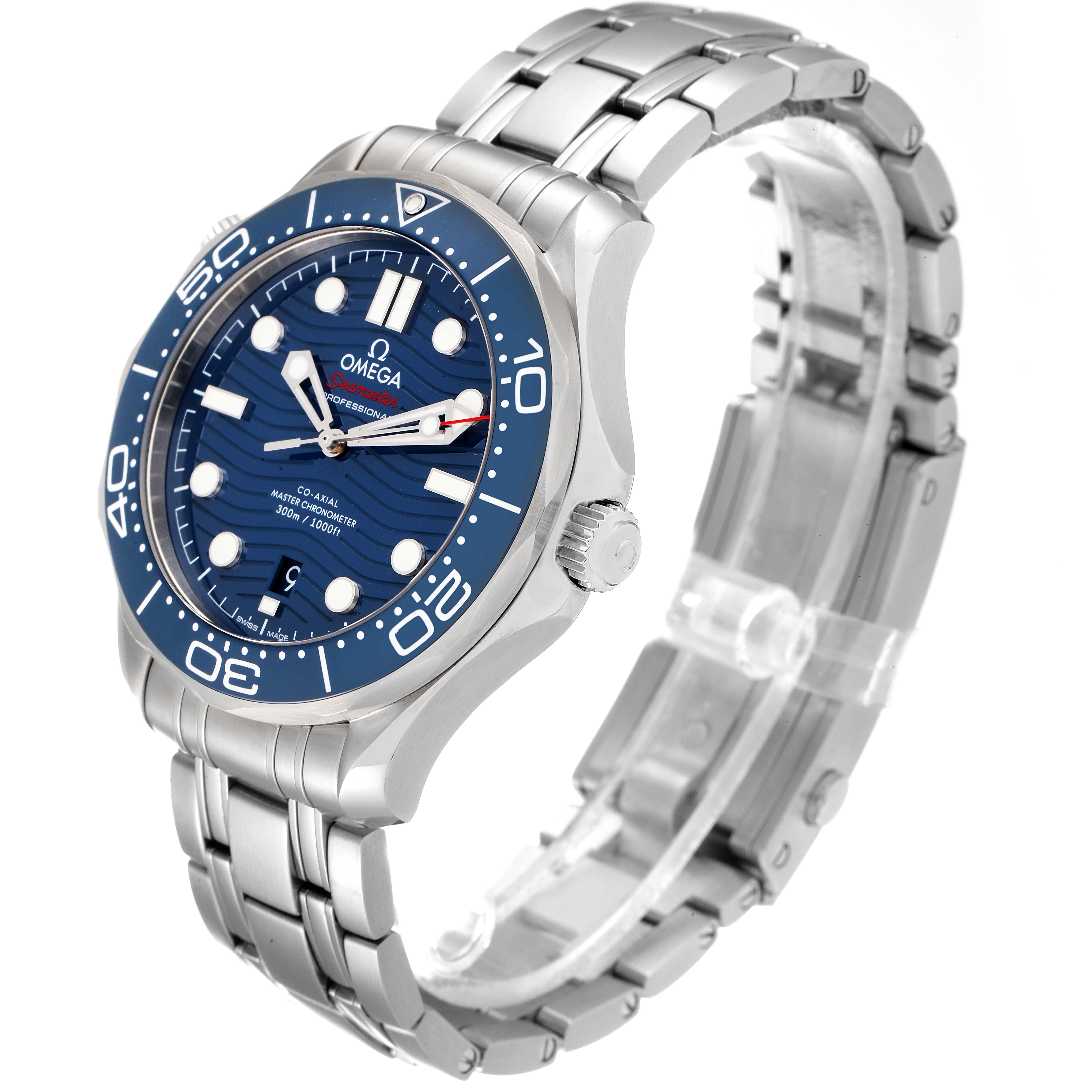 The image shows an angled view of an Omega Seamaster 210.30.42.20.03.001 Men's Stainless Steel Blue Dial 210.30.42.20.03.001 Men's Stainless Steel Blue Dial watch, highlighting the blue dial, bezel, case, and metal bracelet.