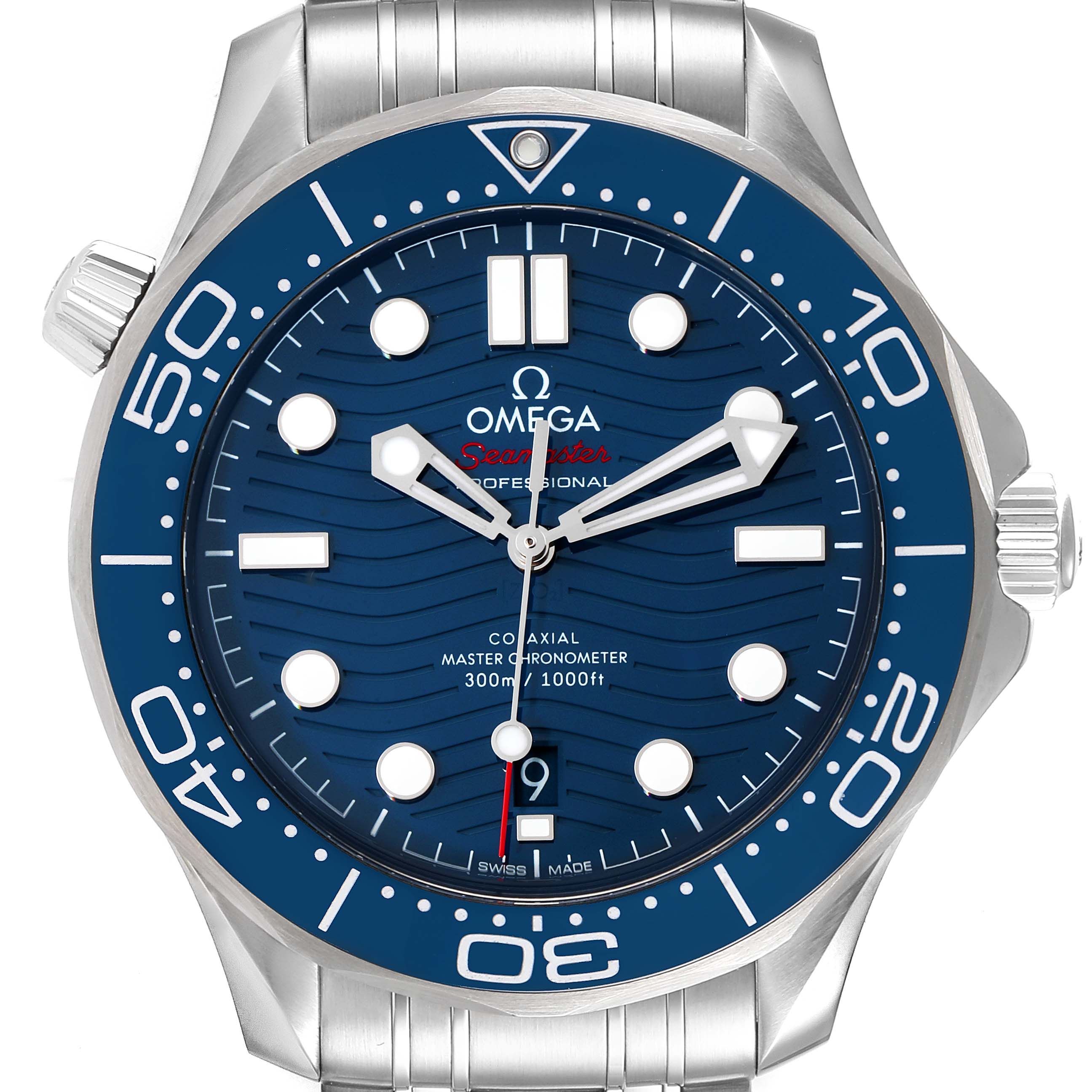 The image shows a front view of an Omega Seamaster 210.30.42.20.03.001 Men's Stainless Steel Blue Dial 210.30.42.20.03.001 Men's Stainless Steel Blue Dial watch, highlighting its blue dial, bezel, and stainless steel case.