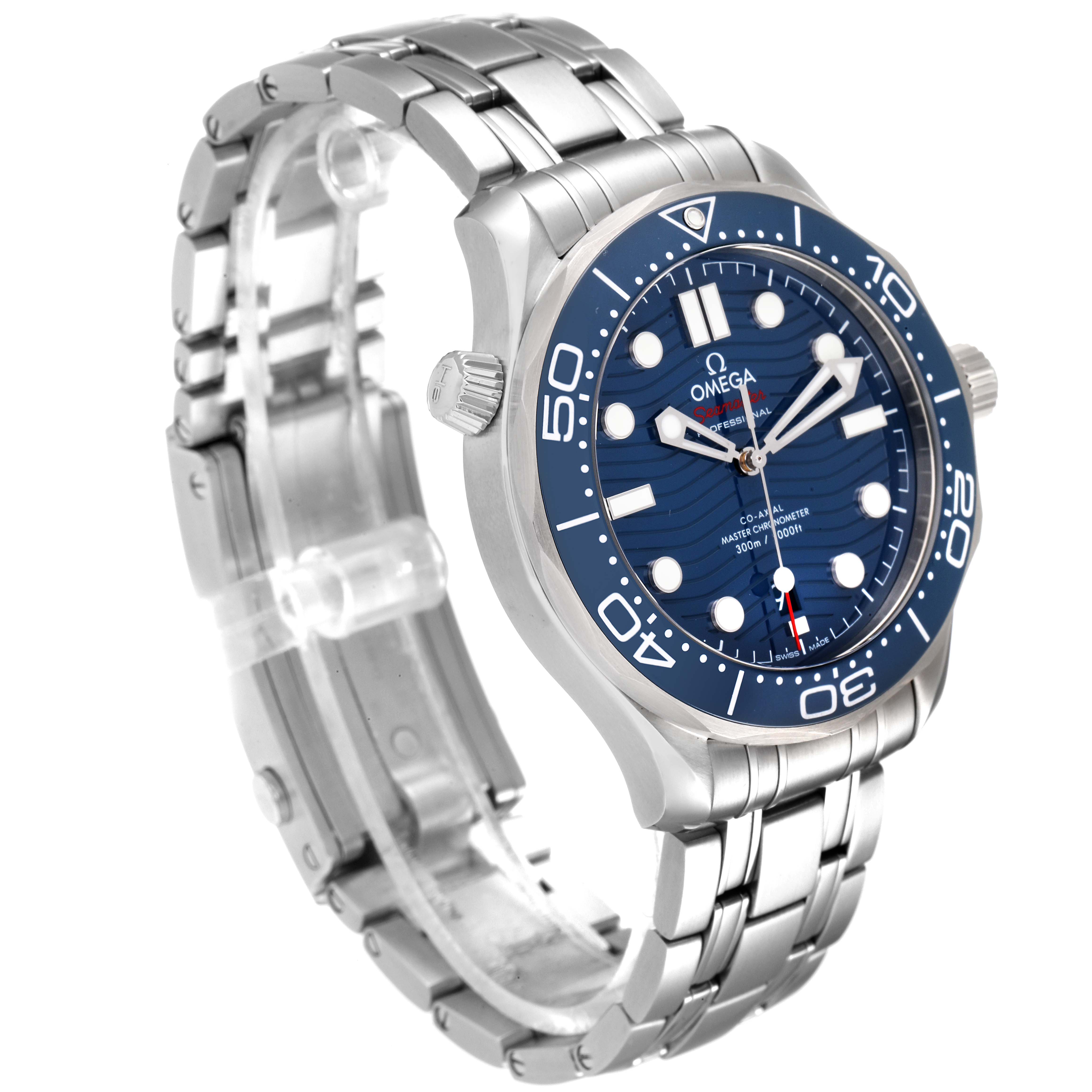 The image shows an Omega Seamaster 210.30.42.20.03.001 Men's Stainless Steel Blue Dial 210.30.42.20.03.001 Men's Stainless Steel Blue Dial watch at an angled view, highlighting its metal bracelet, bezel, and blue dial.
