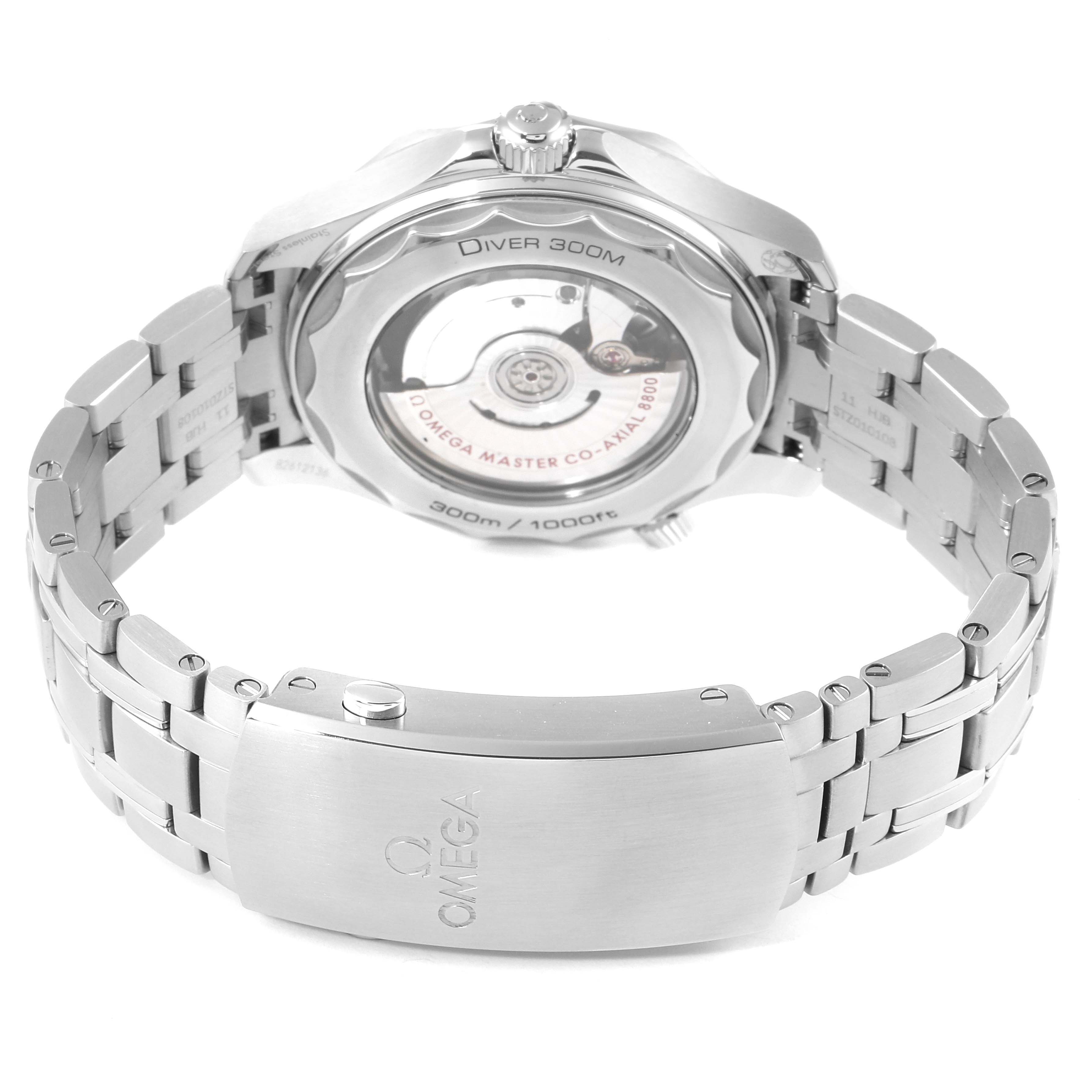 The image shows the back and the bracelet of an Omega Seamaster 210.30.42.20.03.001 Men's Stainless Steel Blue Dial 210.30.42.20.03.001 Men's Stainless Steel Blue Dial watch, highlighting the clasp and transparent case back.