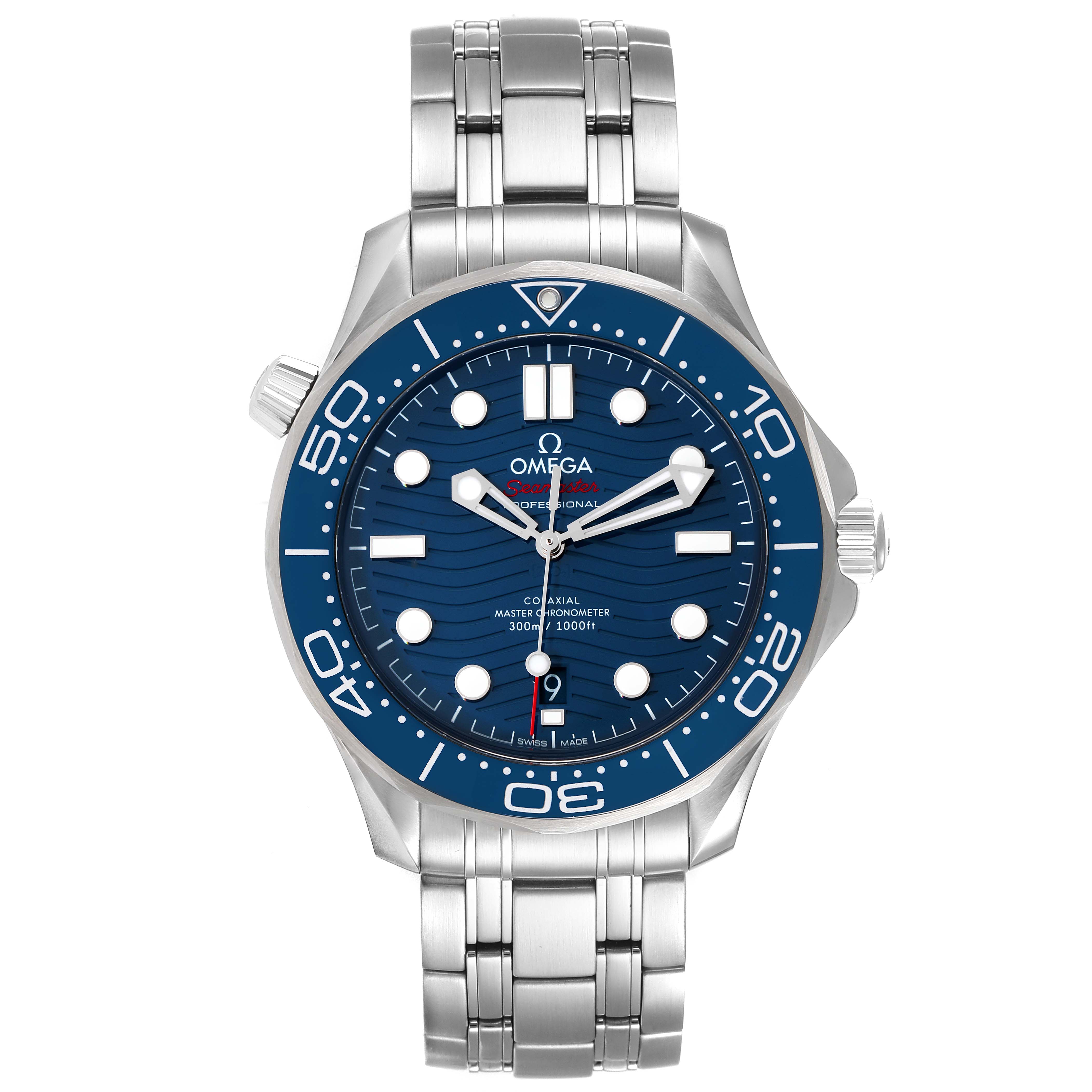 The image shows a front view of the Omega Seamaster 210.30.42.20.03.001 Men's Stainless Steel Blue Dial 210.30.42.20.03.001 Men's Stainless Steel Blue Dial watch, displaying its blue dial, bezel, and stainless steel bracelet.