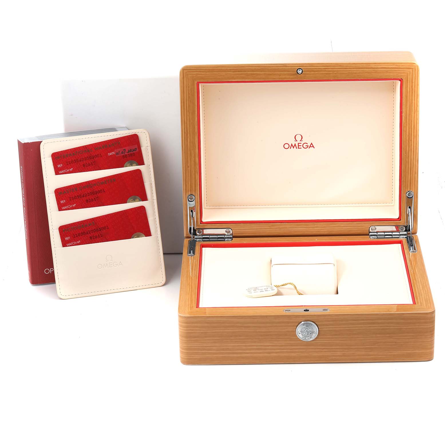 The image shows an Omega Seamaster 210.30.42.20.03.001 Men's Stainless Steel Blue Dial 210.30.42.20.03.001 Men's Stainless Steel Blue Dial watch box, open with the insert inside, and cards in a holder beside it.