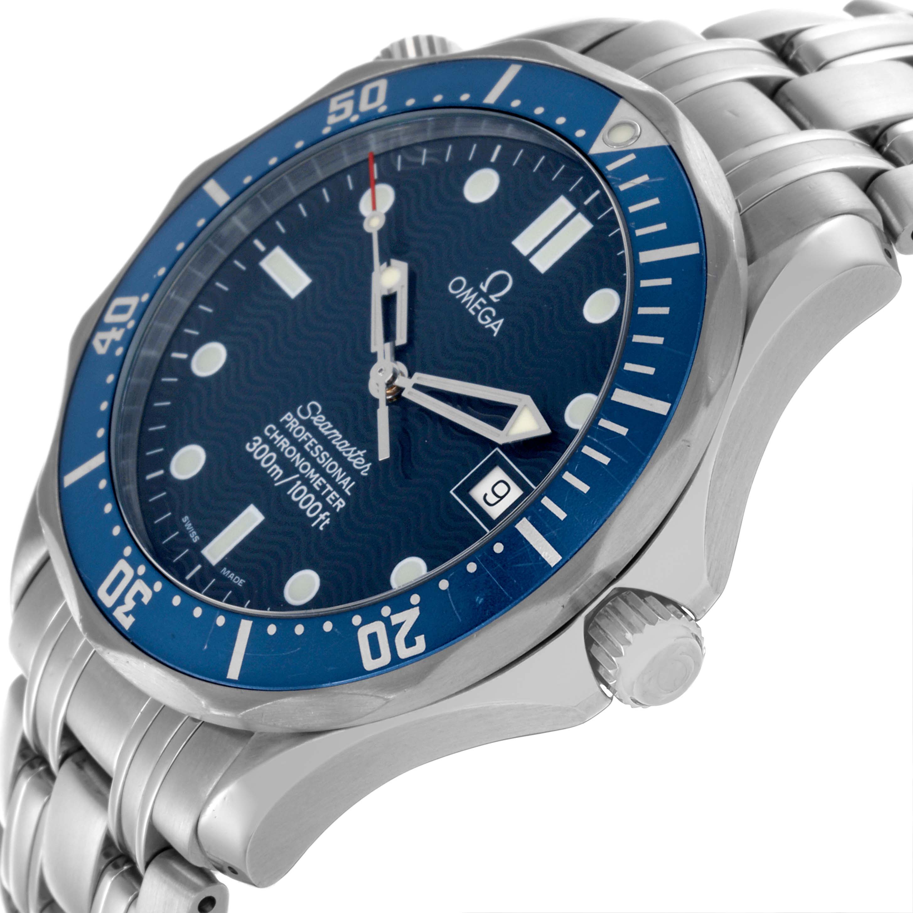 The Omega Seamaster 2531.80.00 Men
s Stainless Steel Blue Dial watch is shown at an angled view highlighting the blue bezel, crown, dial, and stainless steel bracelet.