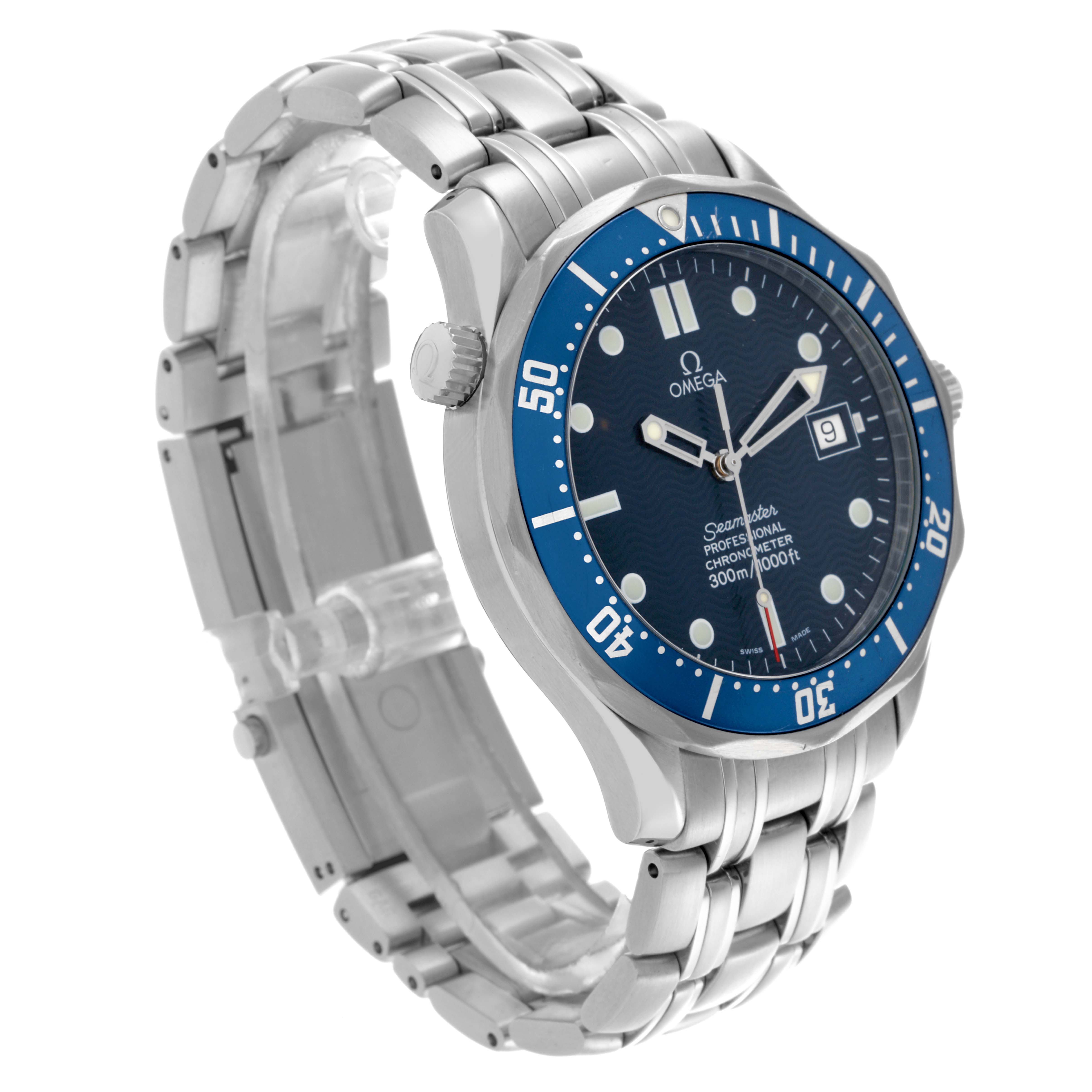 The Omega Seamaster 2531.80.00 Men
s Stainless Steel Blue Dial watch is shown at a side angle, highlighting the bracelet, case, bezel, and dial.