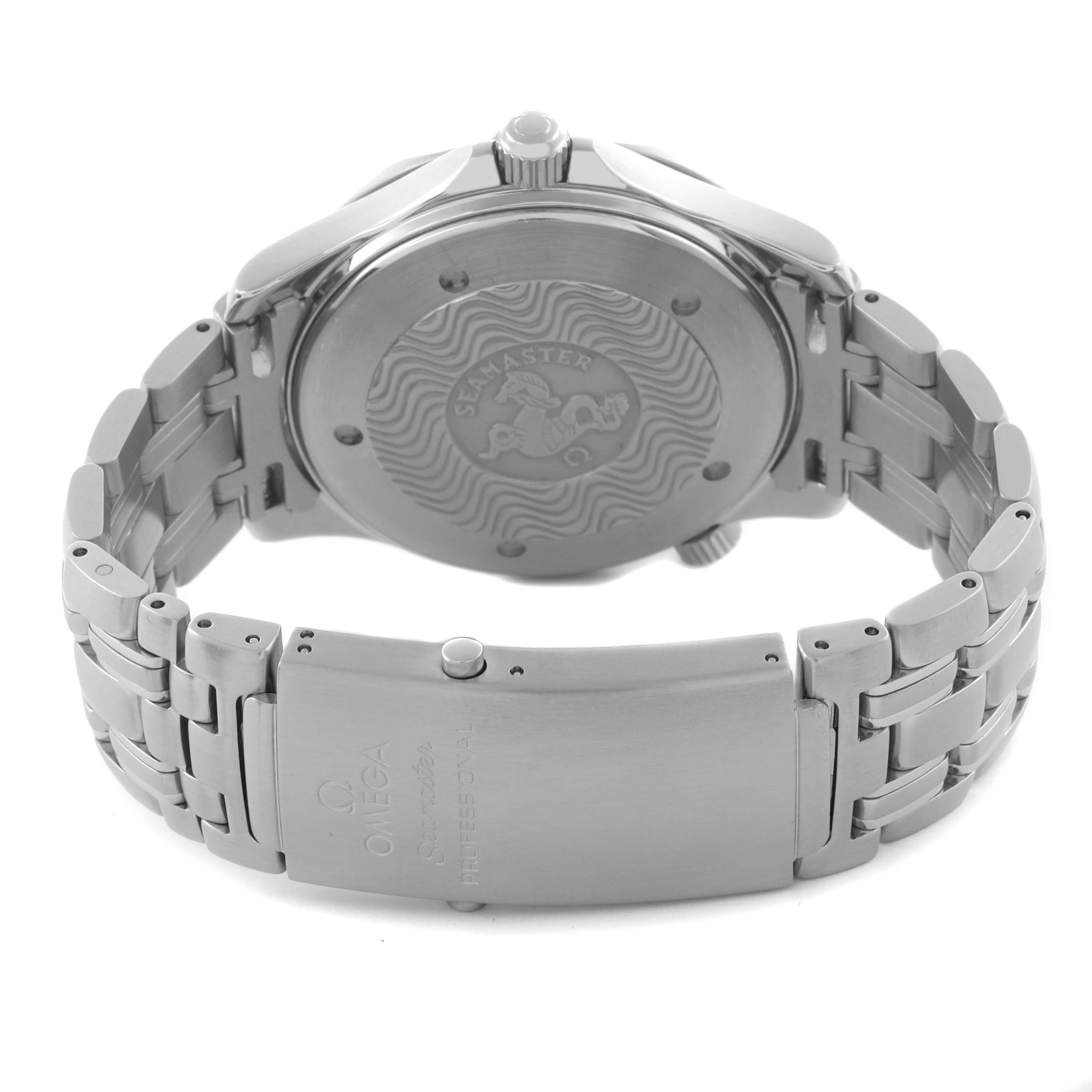 The Omega Seamaster 2531.80.00 Men
s Stainless Steel Blue Dial watch is shown from the rear, highlighting the case back and stainless steel bracelet with clasp.