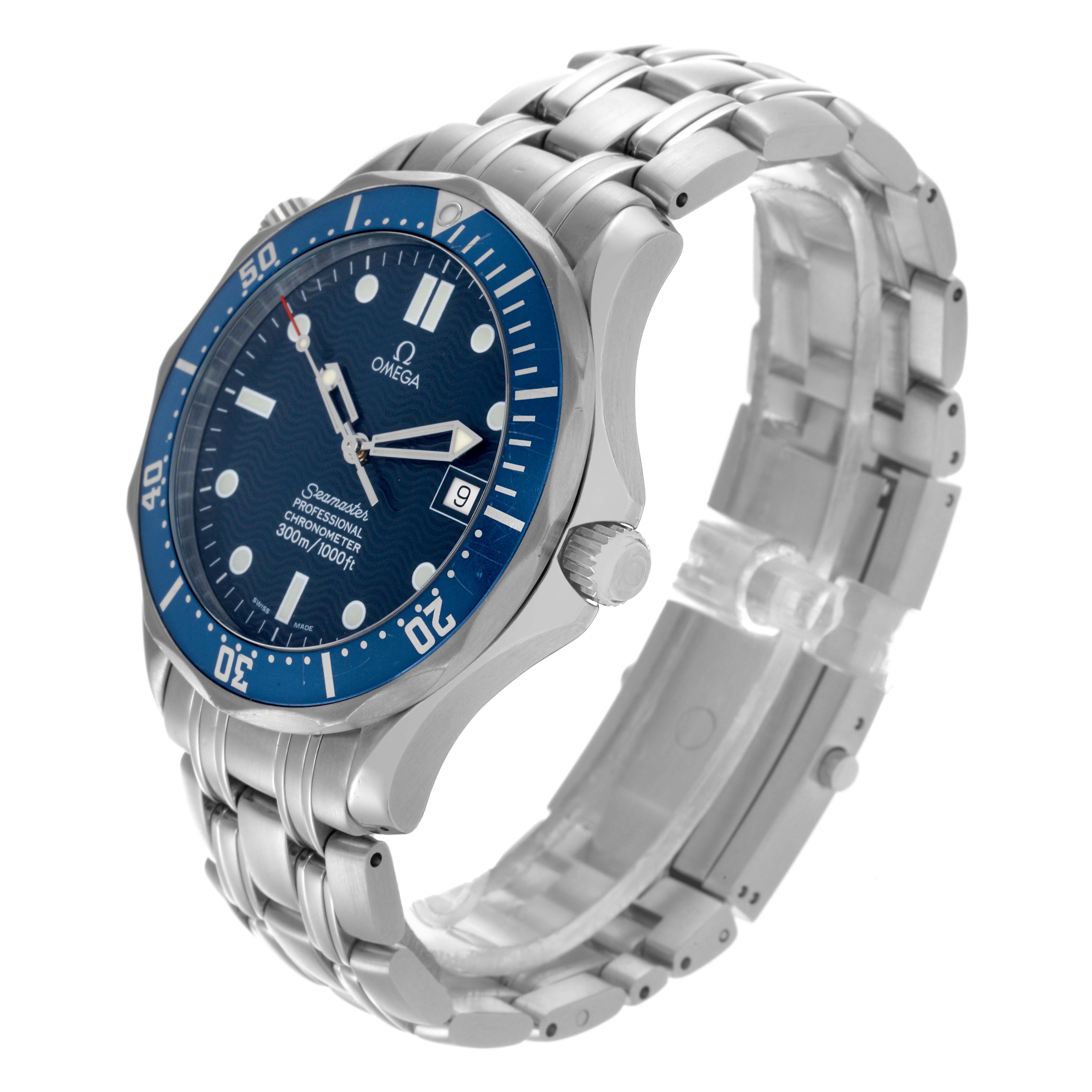 The Omega Seamaster 2531.80.00 Men
s Stainless Steel Blue Dial watch is shown at a three-quarter angle, displaying the face, crown, and part of the metal bracelet.