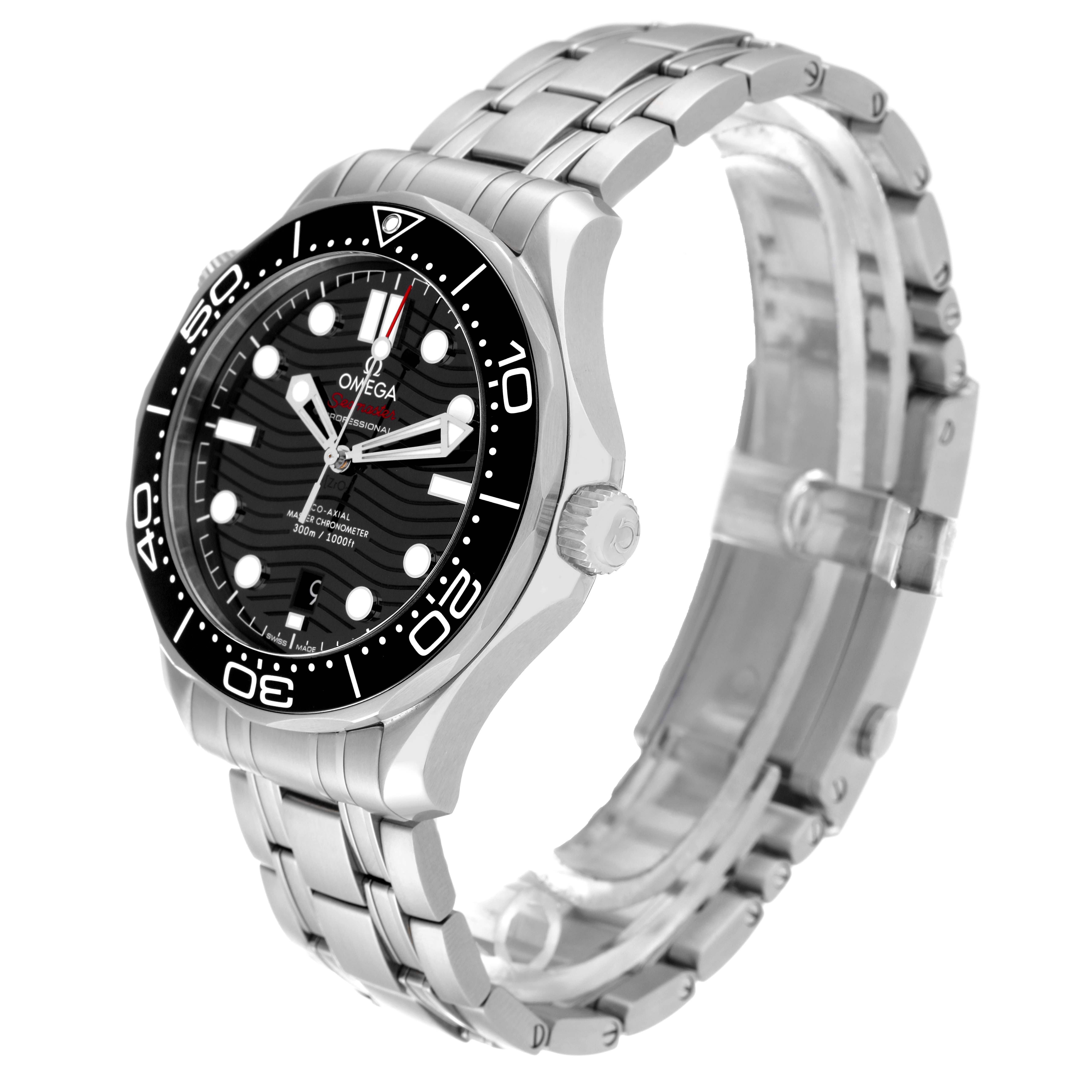 The image shows an Omega Seamaster 210.30.42.20.01.001 Men's Stainless Steel Black Dial 210.30.42.20.01.001 Men's Stainless Steel Black Dial watch at a three-quarter angle, displaying the face, bezel, crown, and bracelet.
