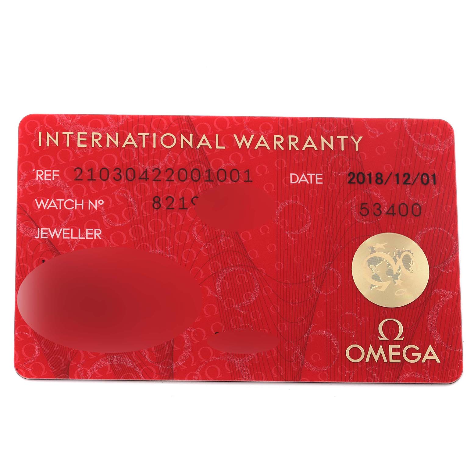 This image shows the international warranty card for the Omega Seamaster 210.30.42.20.01.001 Men's Stainless Steel Black Dial 210.30.42.20.01.001 Men's Stainless Steel Black Dial watch model.