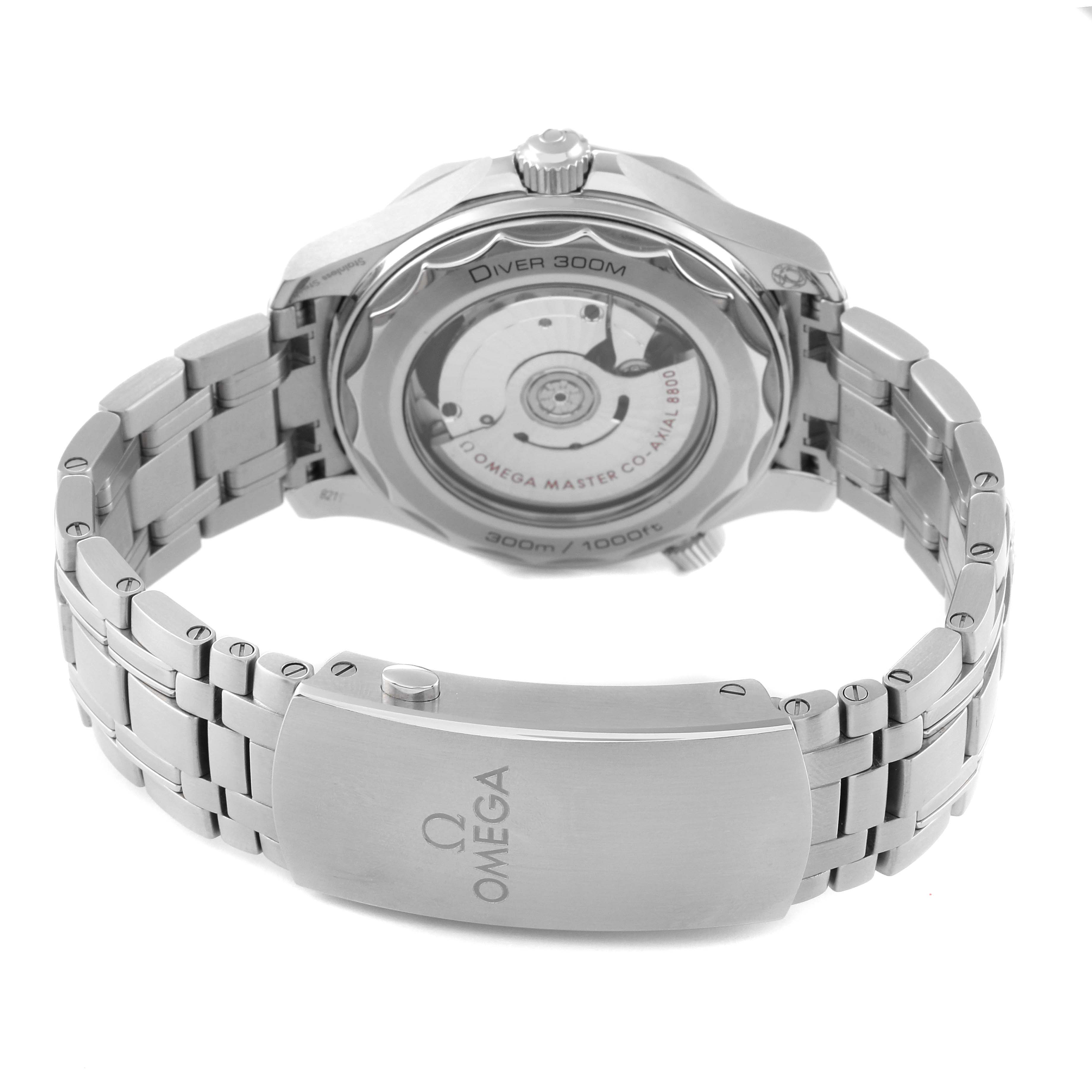 The image shows the back view of the Omega Seamaster 210.30.42.20.01.001 Men's Stainless Steel Black Dial 210.30.42.20.01.001 Men's Stainless Steel Black Dial watch, displaying the case back, movement, and metal bracelet with a clasp.