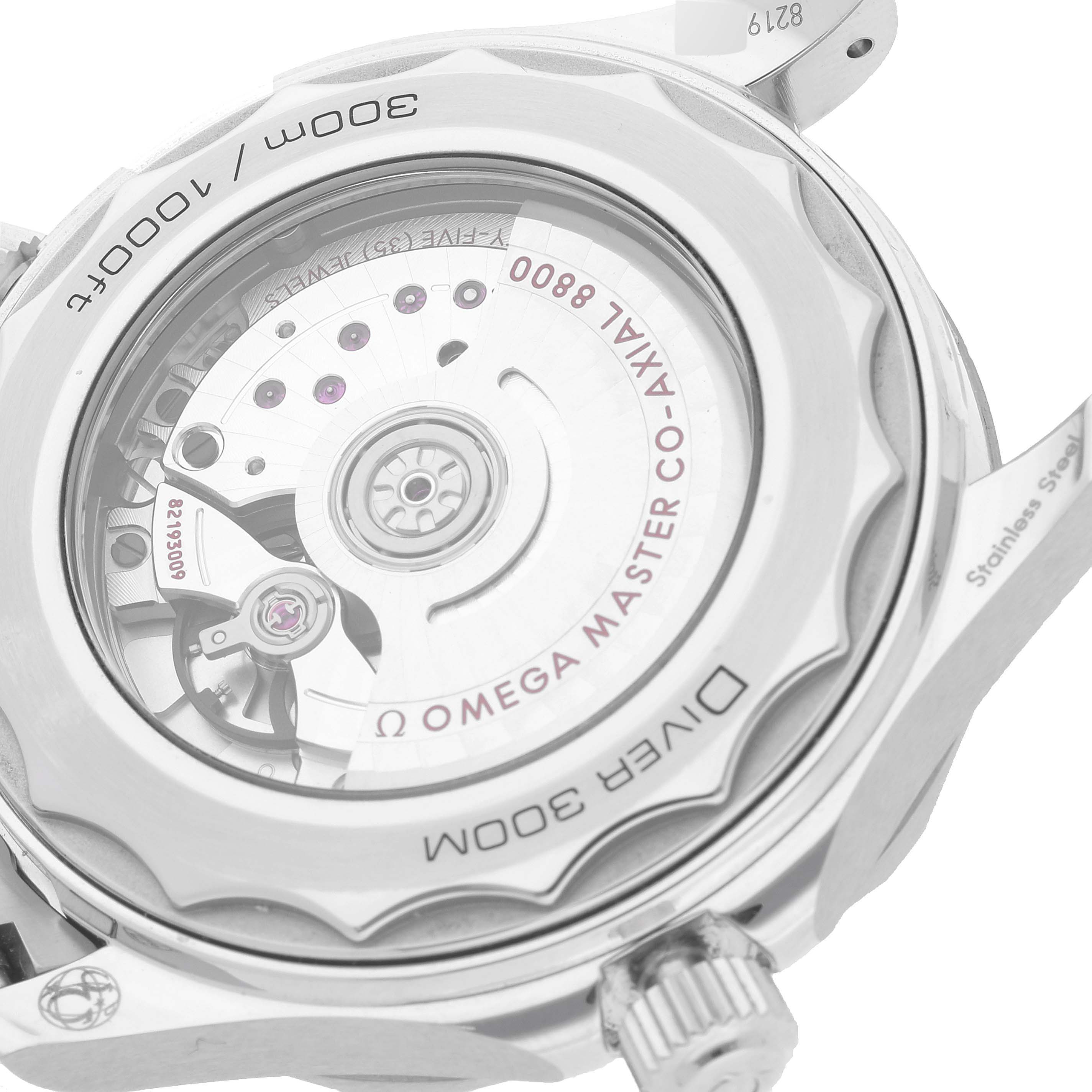 This image shows the back view of an Omega Seamaster 210.30.42.20.01.001 Men's Stainless Steel Black Dial 210.30.42.20.01.001 Men's Stainless Steel Black Dial watch, highlighting its movement and transparent case back.