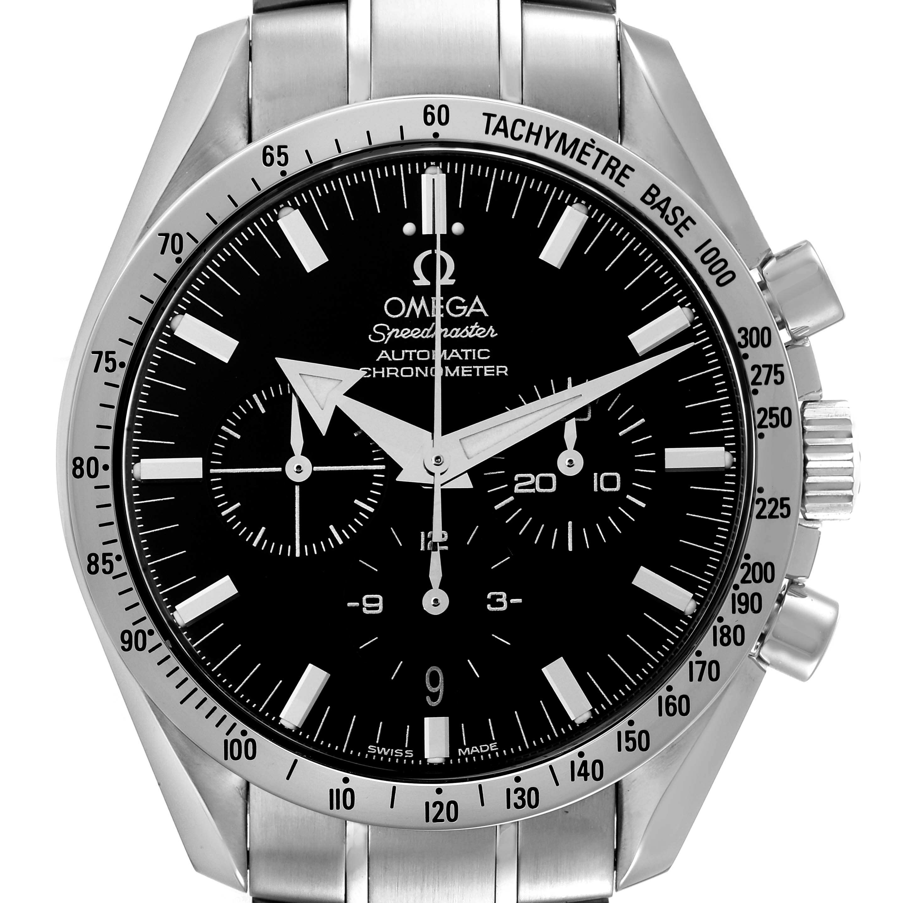 The image shows a frontal view of an Omega Speedmaster 3551.50.00 Men's Stainless Steel Black Dial 3551.50.00 Men's Stainless Steel Black Dial watch, highlighting its dial, bezel, and crown.