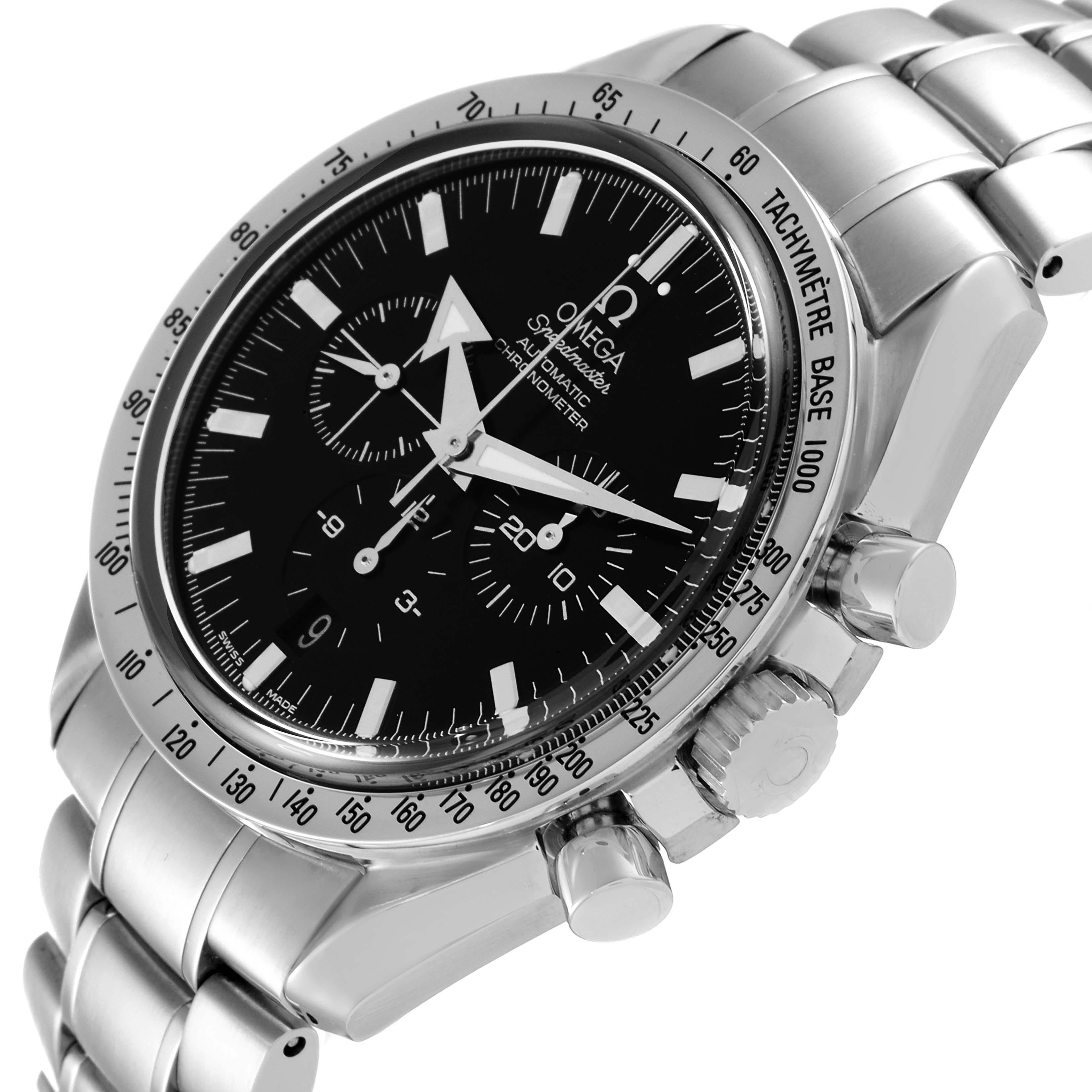 The Omega Speedmaster 3551.50.00 Men's Stainless Steel Black Dial 3551.50.00 Men's Stainless Steel Black Dial watch is shown at an angled view highlighting the face, bezel, pushers, crown, and part of the bracelet.