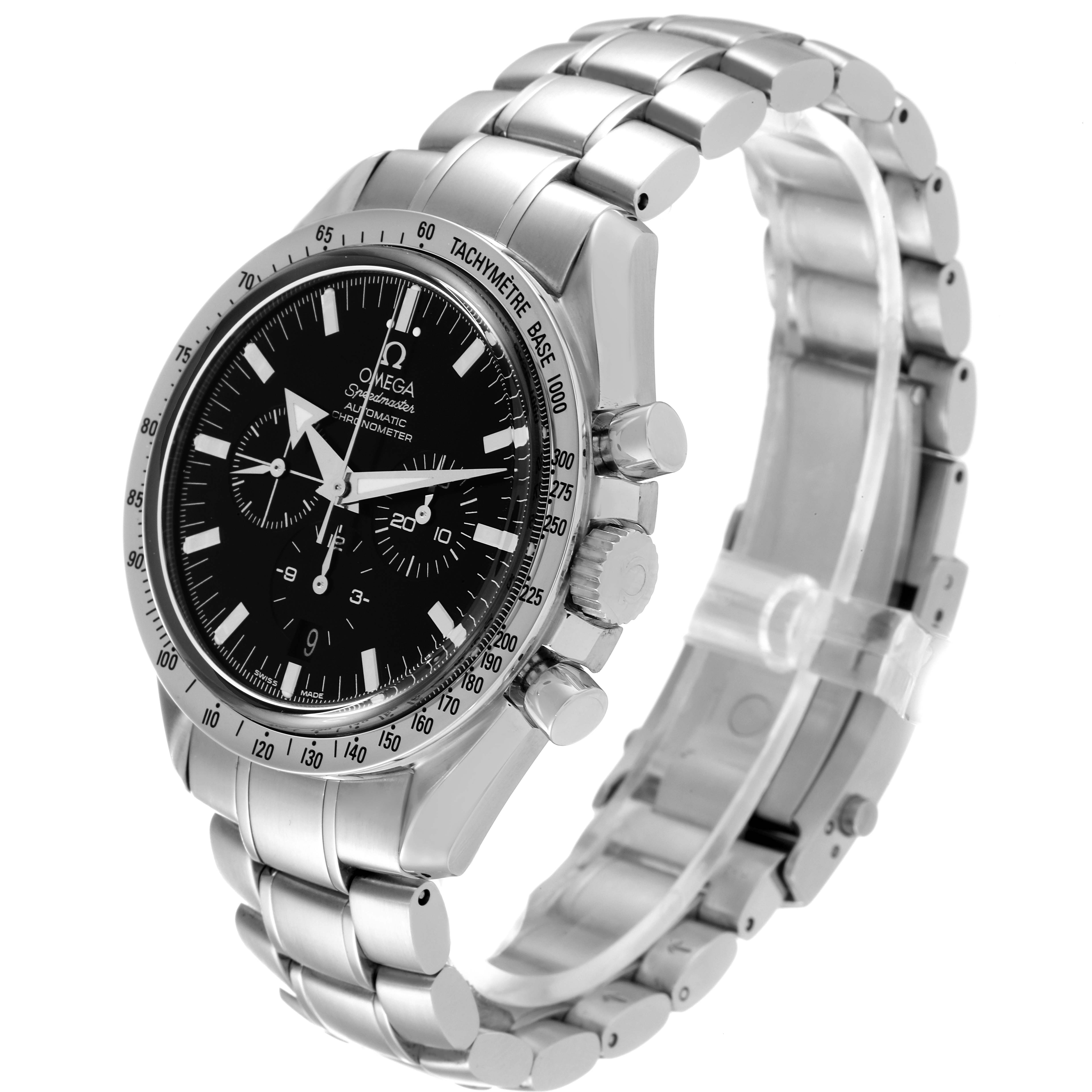 The image shows a side-angle view of an Omega Speedmaster 3551.50.00 Men's Stainless Steel Black Dial 3551.50.00 Men's Stainless Steel Black Dial watch, highlighting its bracelet, bezel, and chronograph buttons.