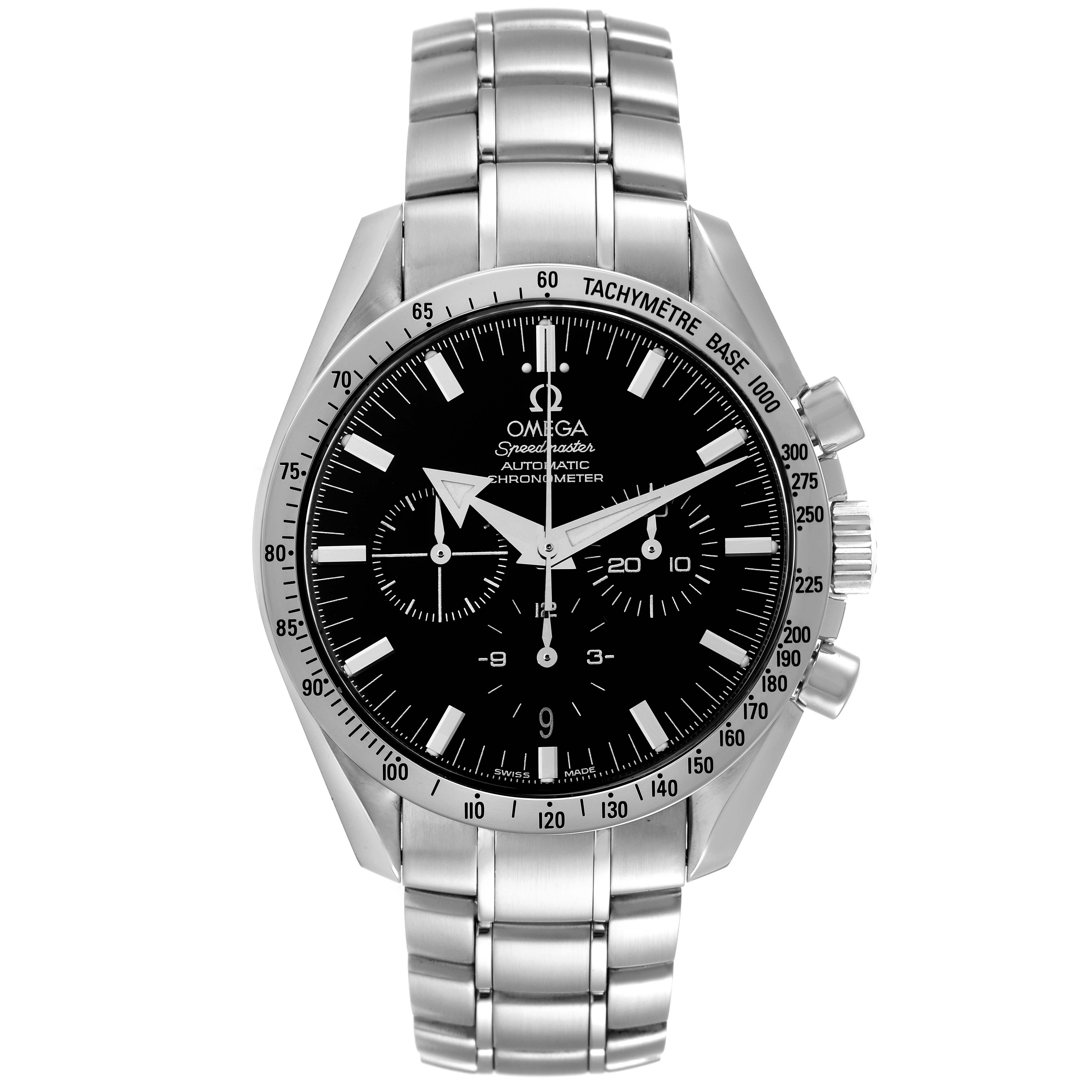 The image shows the front view of an Omega Speedmaster 3551.50.00 Men's Stainless Steel Black Dial 3551.50.00 Men's Stainless Steel Black Dial watch, highlighting the dial, bezel, chronograph subdials, and bracelet.