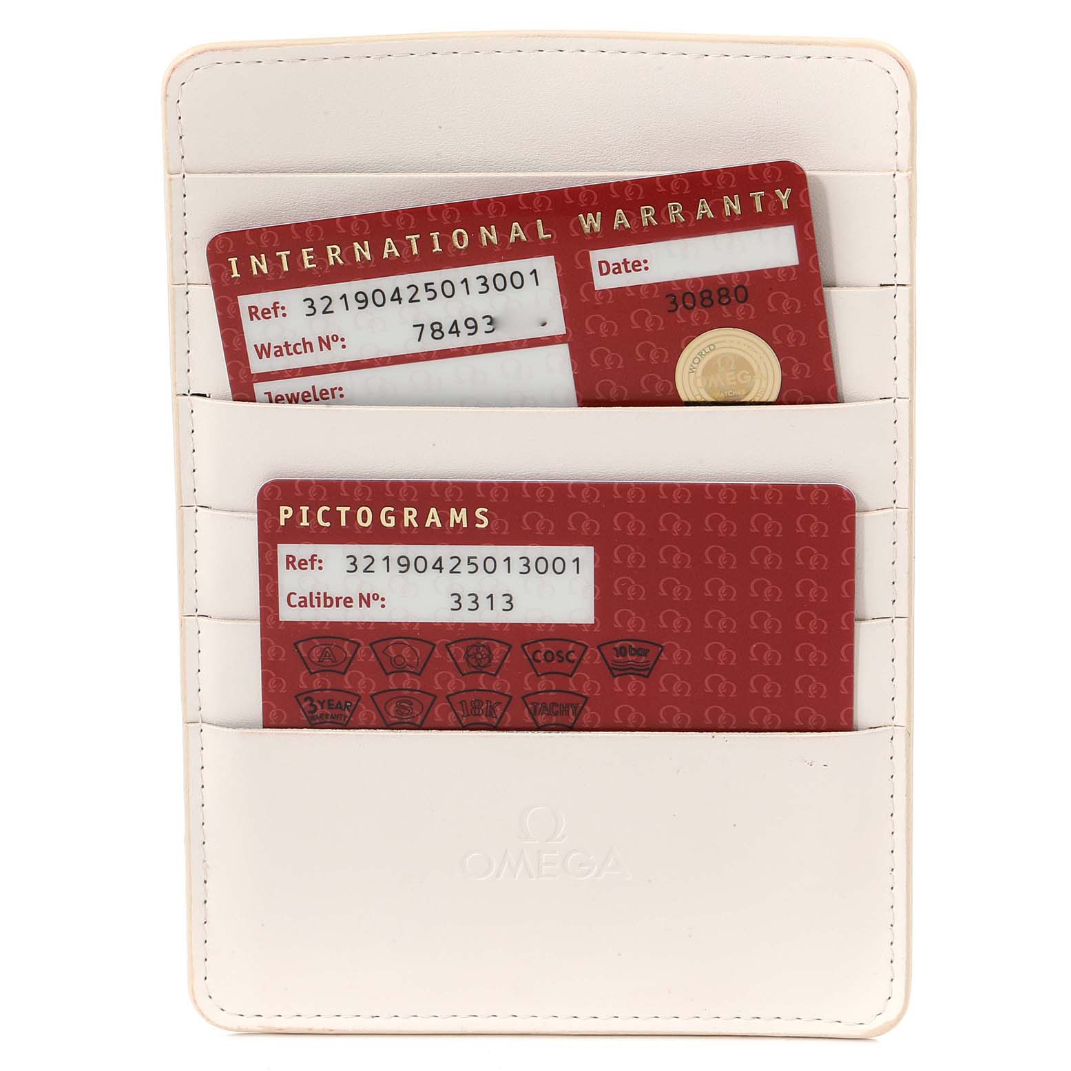 This image shows Omega Speedmaster 321.90.42.50.13.001 Men's Steel and Gold (two tone) Brown Dial 321.90.42.50.13.001 Men's Steel and Gold (two tone) Brown Dial's warranty and pictogram cards in a white Omega cardholder.