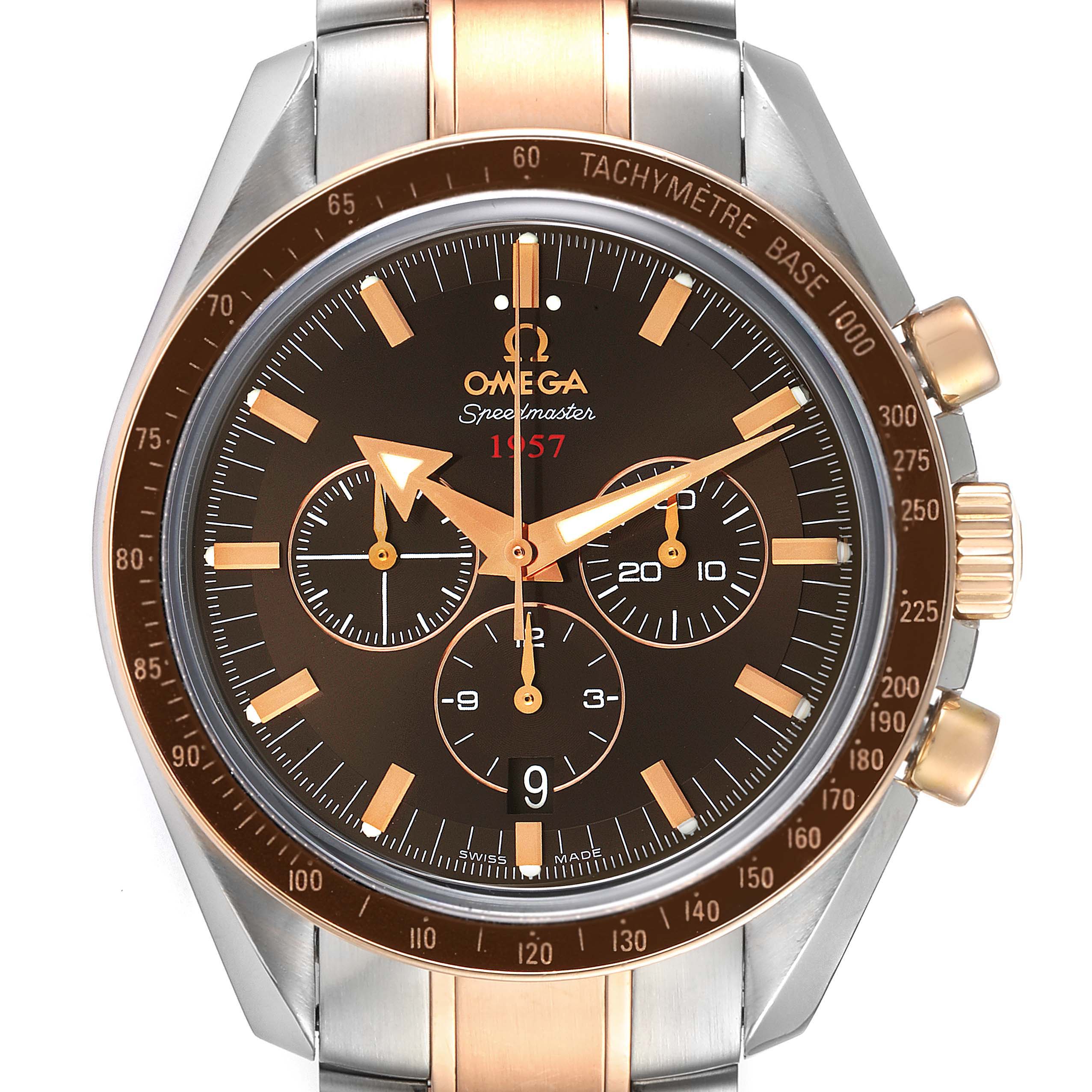 This image shows a front close-up of the Omega Speedmaster 321.90.42.50.13.001 Men's Steel and Gold (two tone) Brown Dial 321.90.42.50.13.001 Men's Steel and Gold (two tone) Brown Dial watch, highlighting its dial, subdials, bezel, and part of the strap.