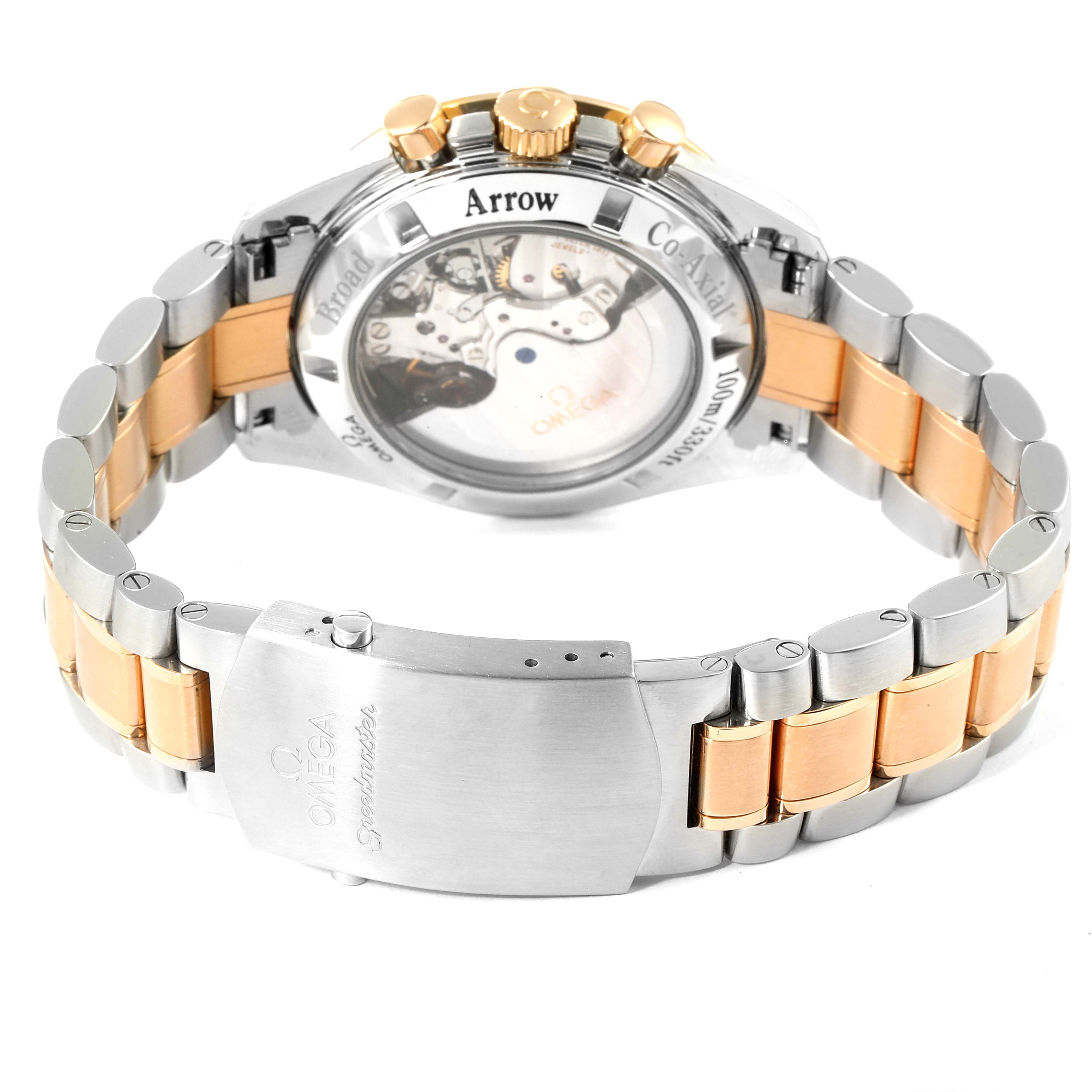 This image shows the back view and bracelet of the Omega Speedmaster 321.90.42.50.13.001 Men's Steel and Gold (two tone) Brown Dial 321.90.42.50.13.001 Men's Steel and Gold (two tone) Brown Dial watch, highlighting its case back and clasp.