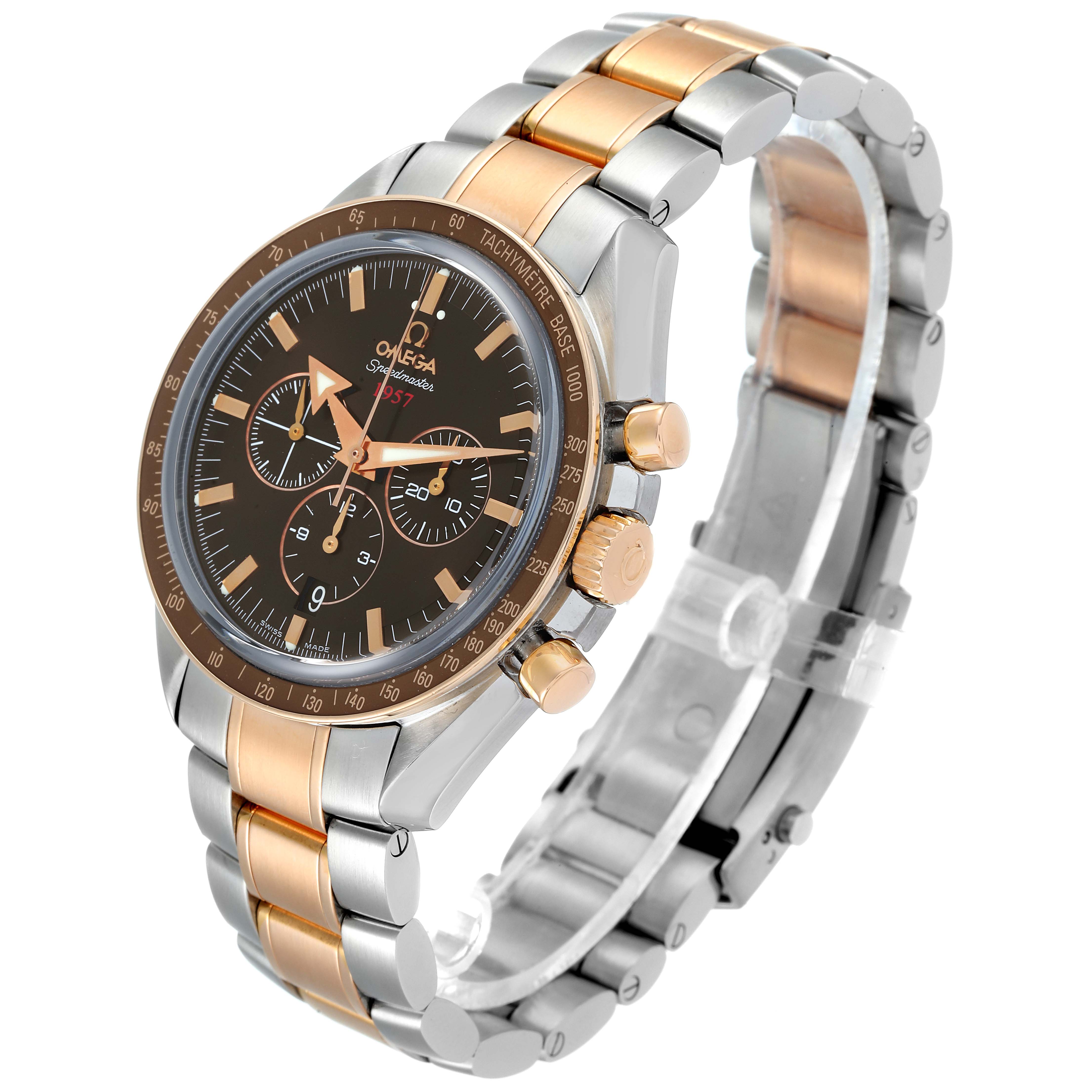 The image shows a side angle of the Omega Speedmaster 321.90.42.50.13.001 Men's Steel and Gold (two tone) Brown Dial 321.90.42.50.13.001 Men's Steel and Gold (two tone) Brown Dial watch, highlighting the face, tachymeter bezel, and dual-tone bracelet.