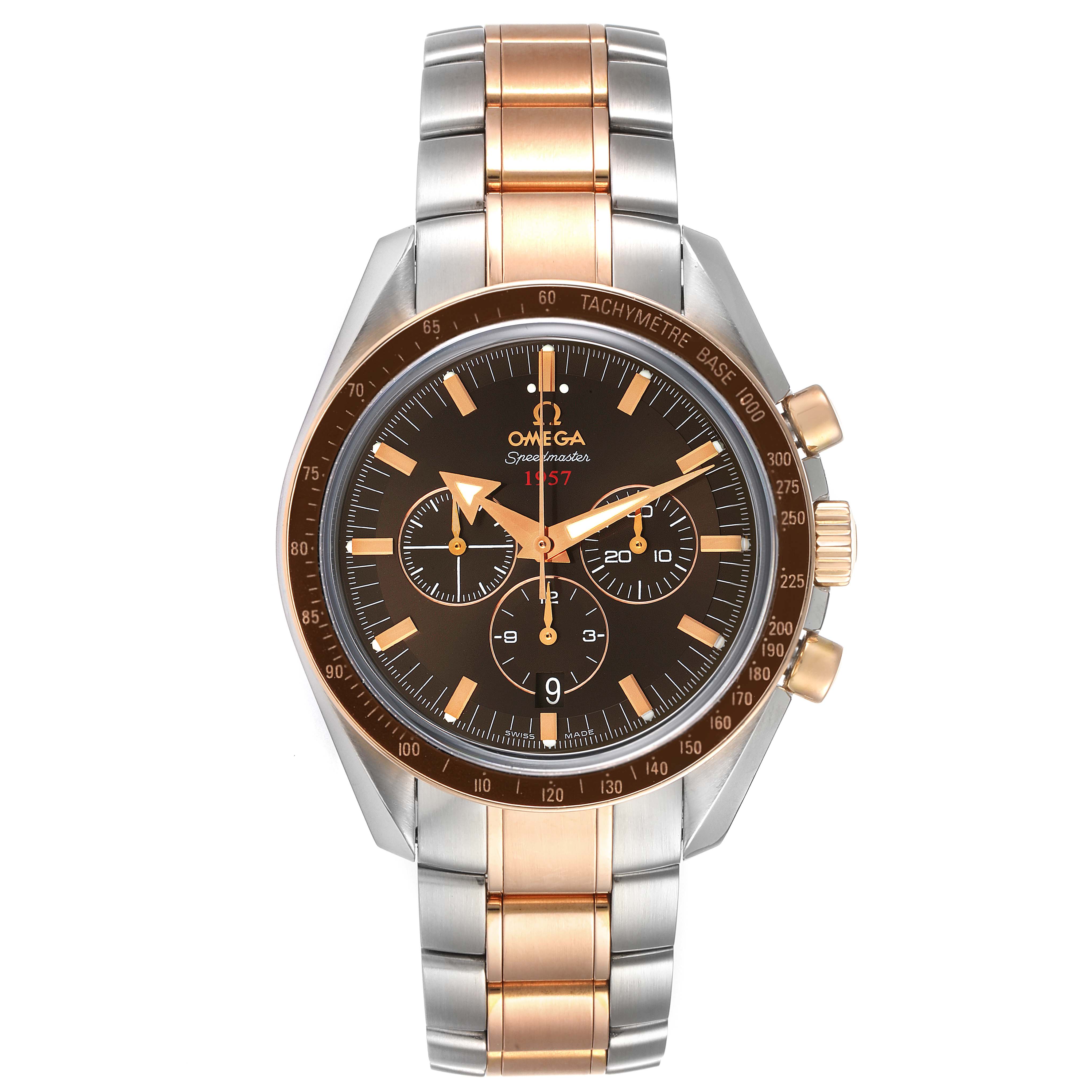 This image depicts the front view of an Omega Speedmaster 321.90.42.50.13.001 Men's Steel and Gold (two tone) Brown Dial 321.90.42.50.13.001 Men's Steel and Gold (two tone) Brown Dial watch, showing the face, bezel, and bracelet.