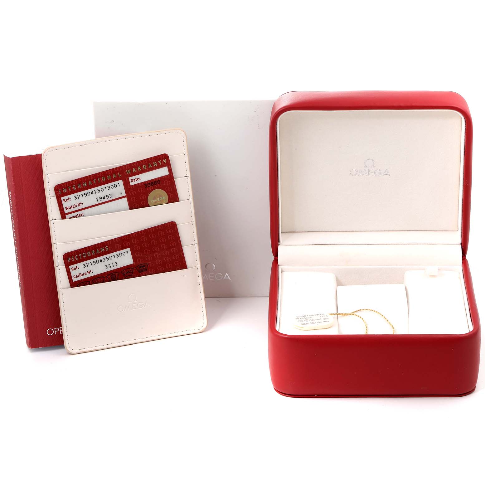 The image shows the packaging and warranty cards for the Omega Speedmaster 321.90.42.50.13.001 Men's Steel and Gold (two tone) Brown Dial 321.90.42.50.13.001 Men's Steel and Gold (two tone) Brown Dial, including the watch box and documentation.