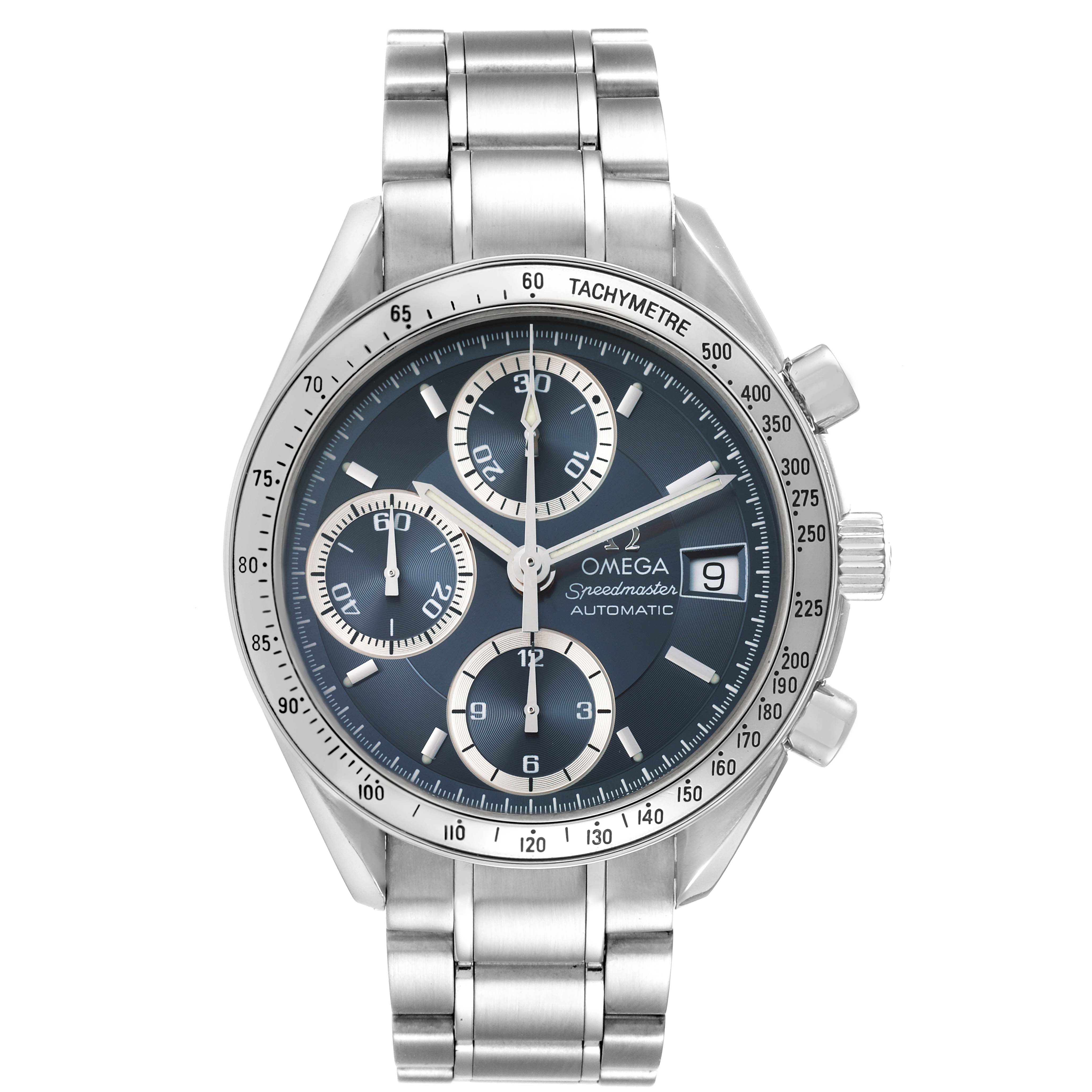 The Omega Speedmaster 3513.46.00 Men
s Stainless Steel Blue Dial 3513.46.00 Men
s Stainless Steel Blue Dial watch is shown from the front angle, displaying the dial, subdials, bezel, and stainless steel bracelet.