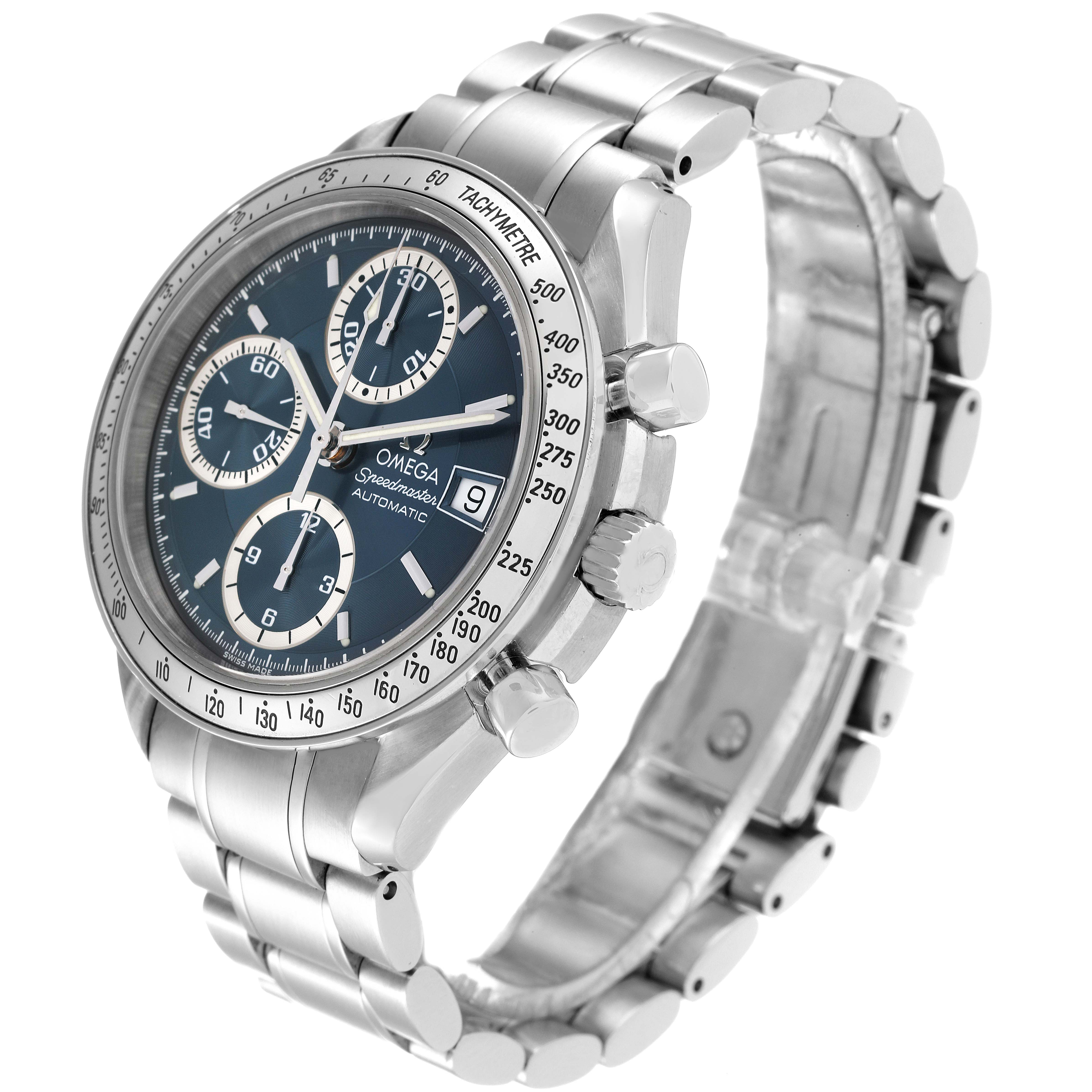 The Omega Speedmaster 3513.46.00 Men
s Stainless Steel Blue Dial 3513.46.00 Men
s Stainless Steel Blue Dial watch is shown at an angle highlighting the dial, crown, pushers, and bracelet.