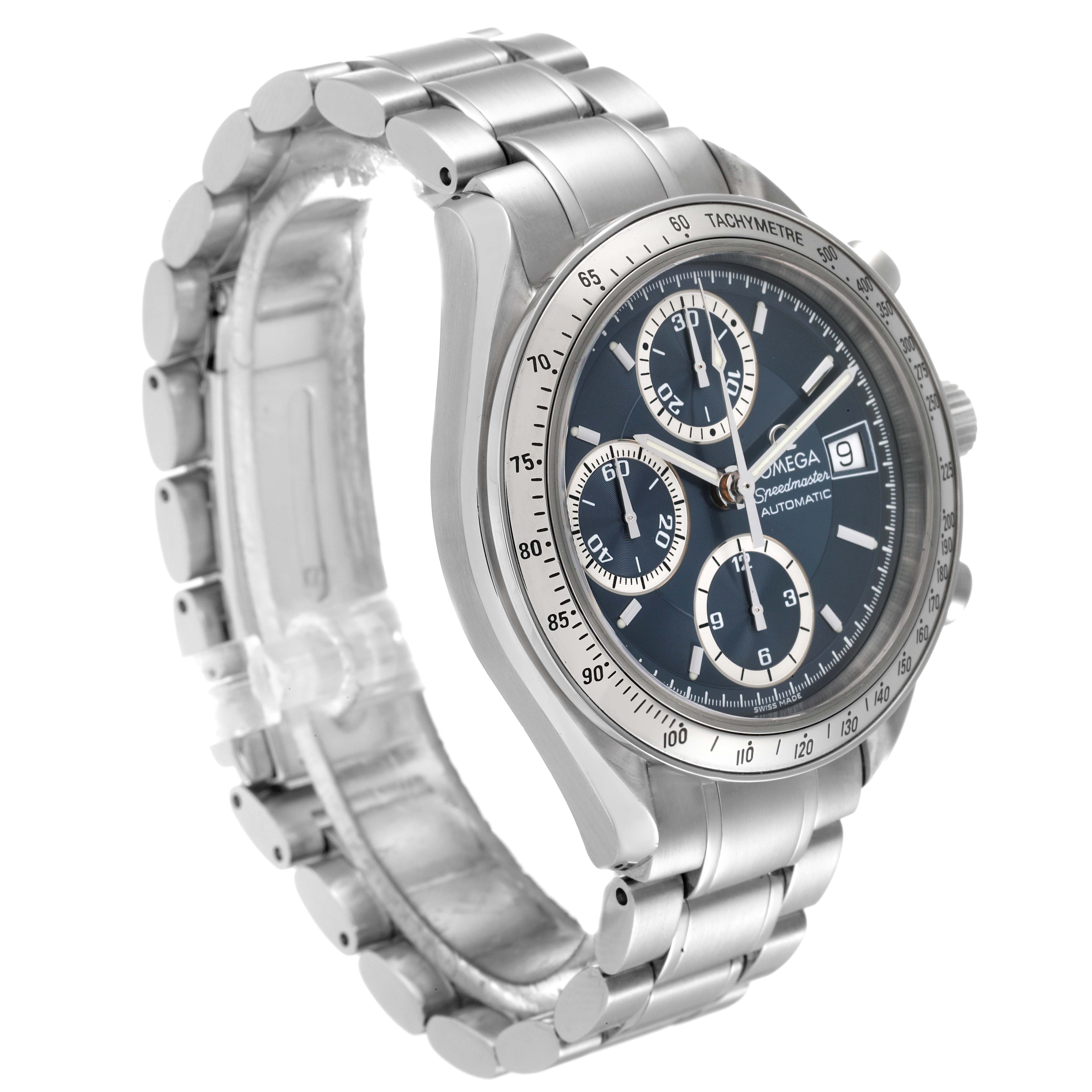 The Omega Speedmaster 3513.46.00 Men
s Stainless Steel Blue Dial 3513.46.00 Men
s Stainless Steel Blue Dial watch is shown at a slight right-side angle, highlighting the face, bezel, and metal bracelet.