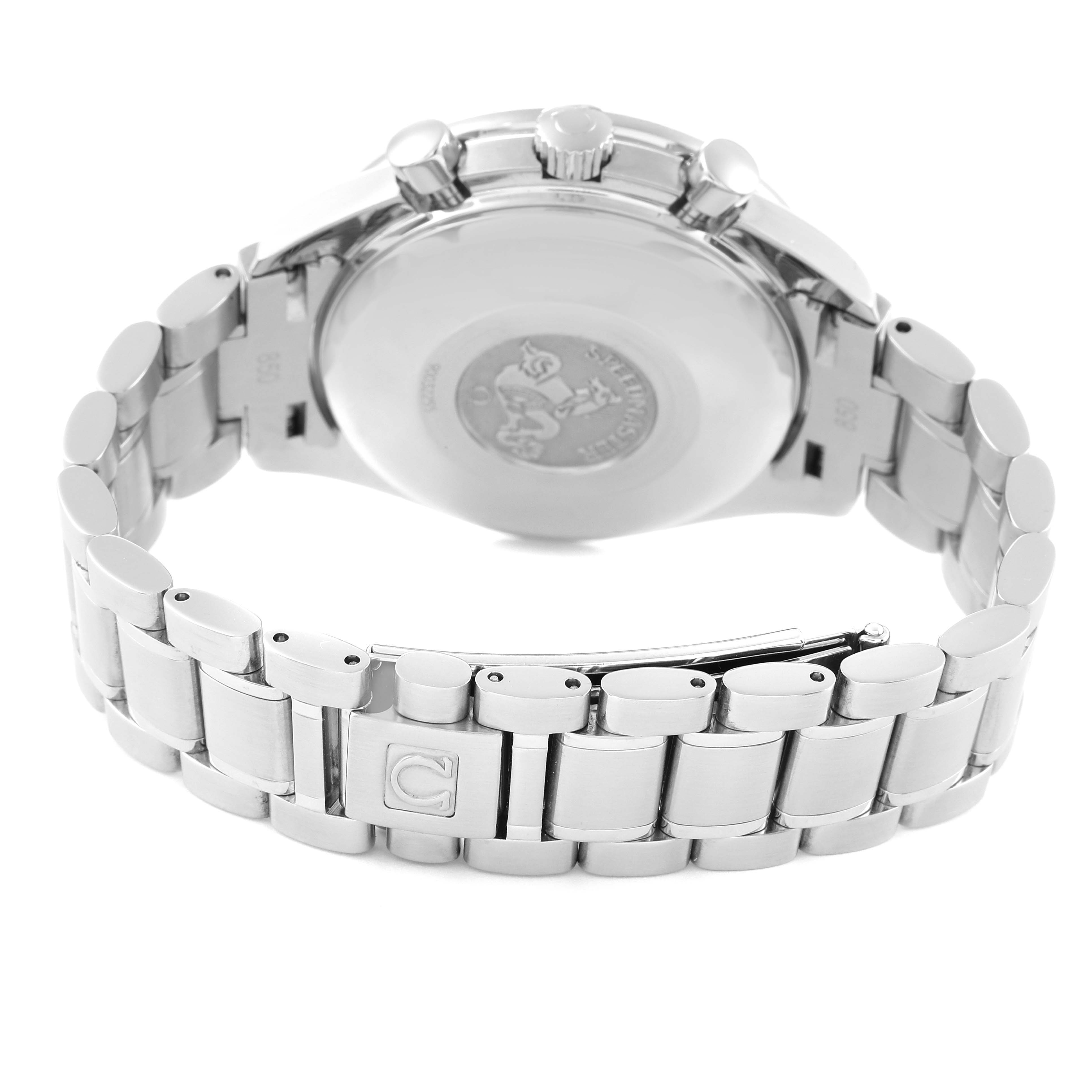 The image shows the back view of the Omega Speedmaster 3513.46.00 Men
s Stainless Steel Blue Dial 3513.46.00 Men
s Stainless Steel Blue Dial watch, highlighting the case back, crown, pushers, and bracelet.