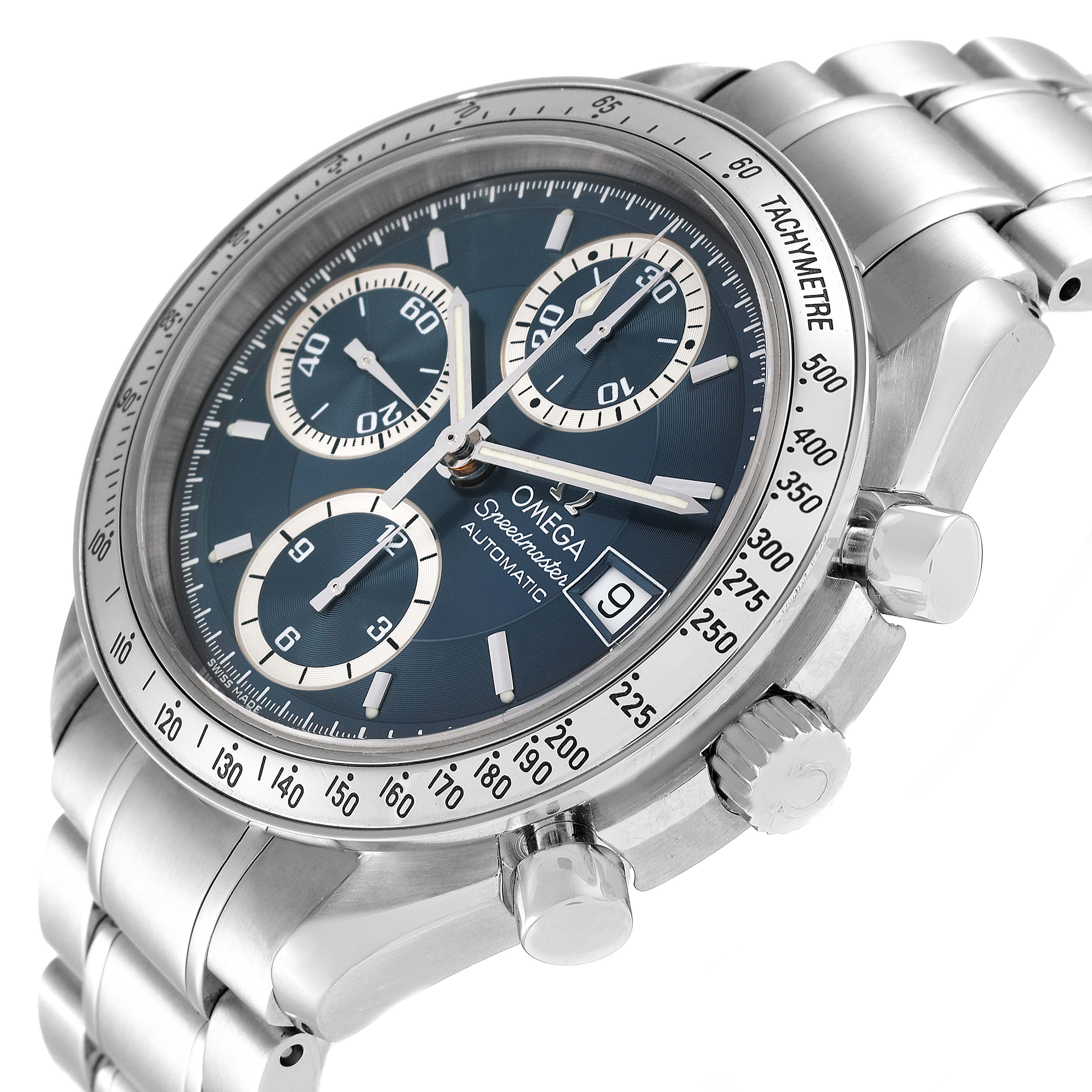 The Omega Speedmaster 3513.46.00 Men
s Stainless Steel Blue Dial 3513.46.00 Men
s Stainless Steel Blue Dial watch is shown at an angle highlighting the face, tachymeter, subdials, pushers, and bracelet.
