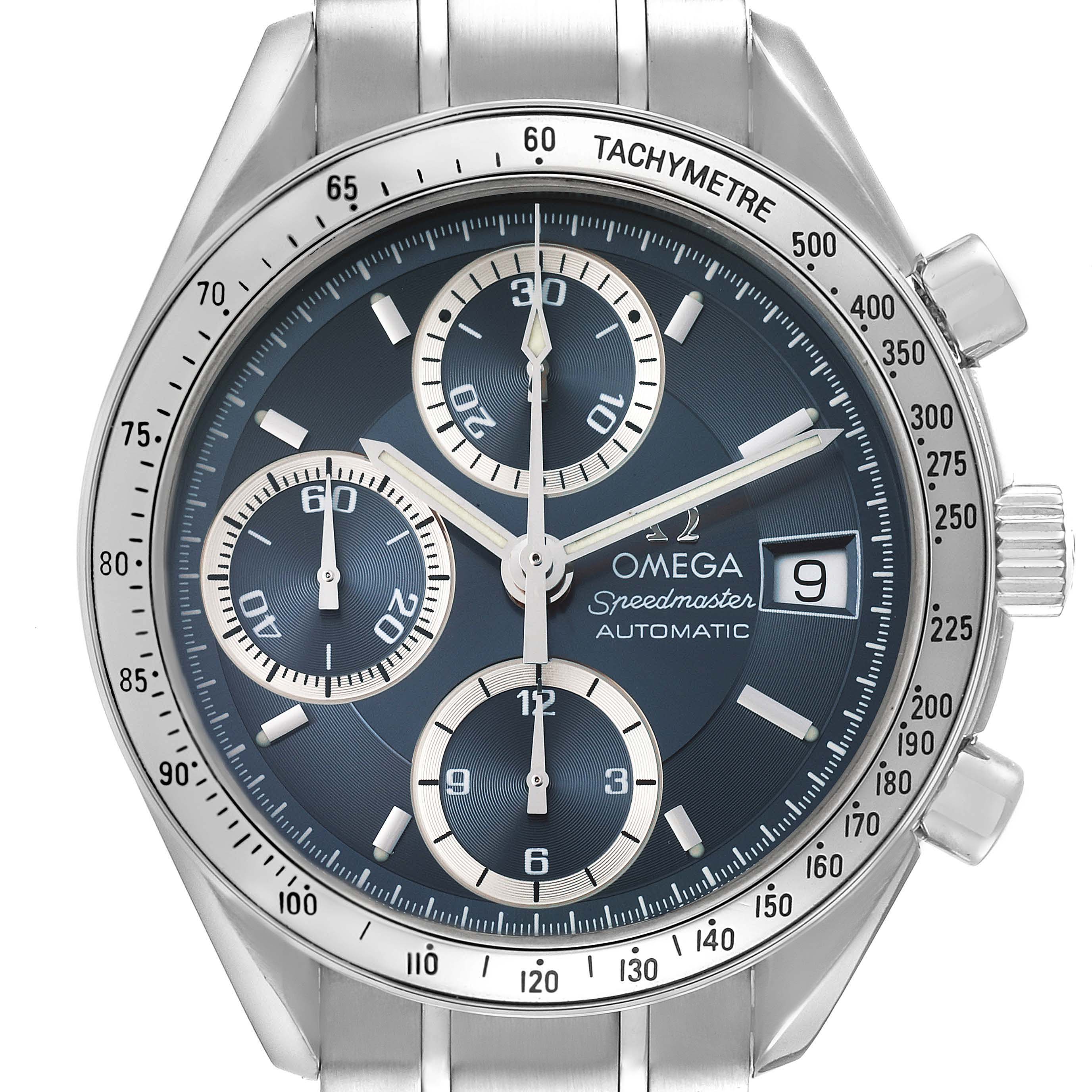 The image shows a front view of the Omega Speedmaster 3513.46.00 Men
s Stainless Steel Blue Dial 3513.46.00 Men
s Stainless Steel Blue Dial watch, highlighting the dial, sub-dials, date function, and tachymeter bezel.