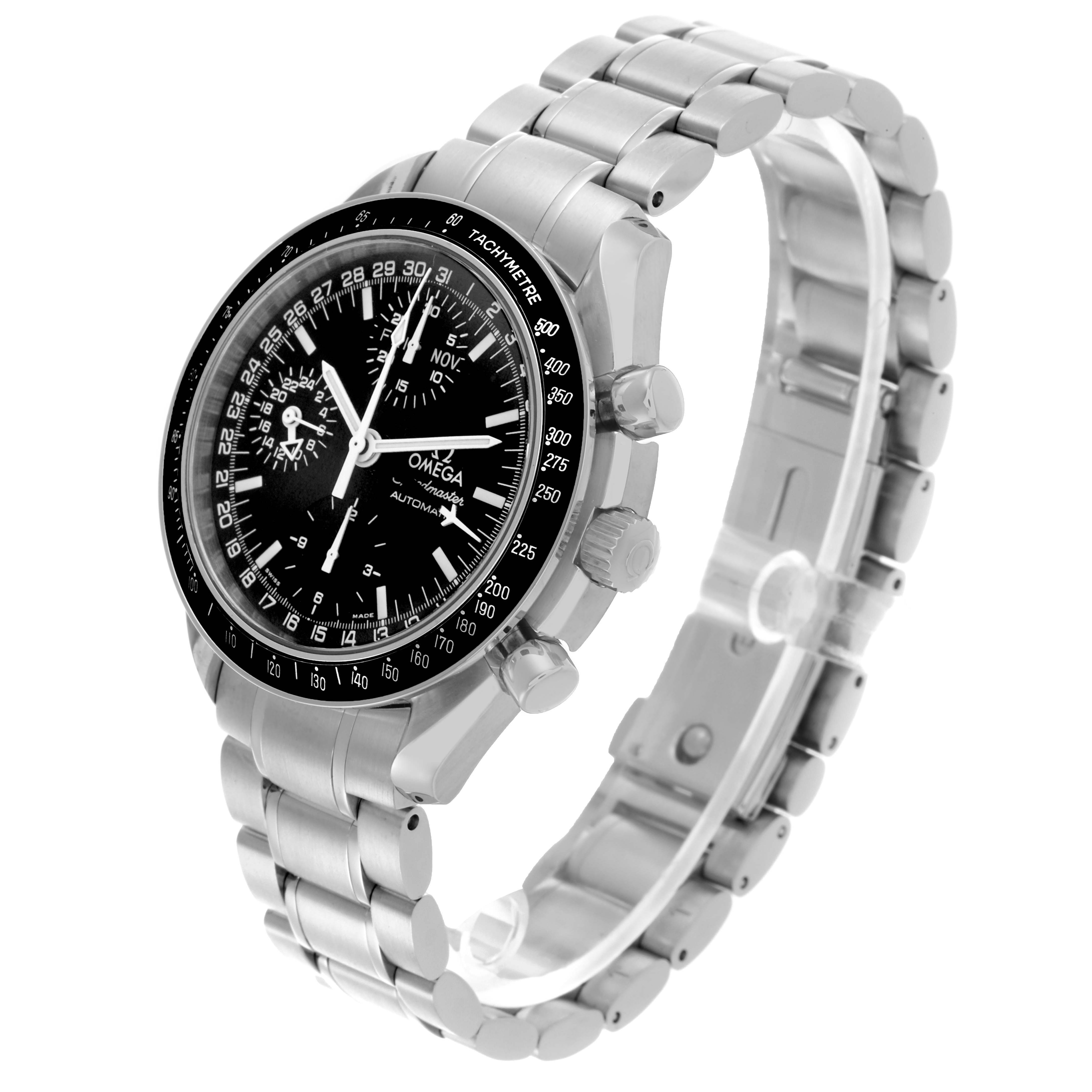 The Omega Speedmaster 3520.50.00 Men
s Stainless Steel Black Dial 3520.50.00 Men
s Stainless Steel Black Dial watch is shown at a three-quarter angle, highlighting the full face, bezel, crown, and bracelet.