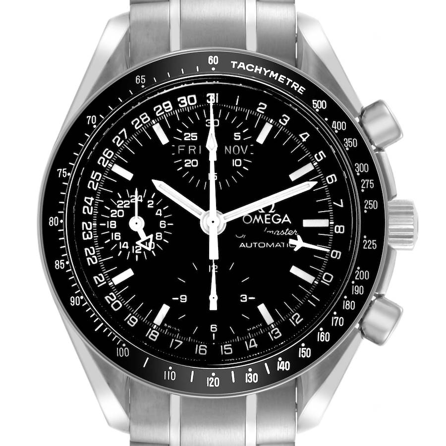 The Omega Speedmaster watch is shown from the front, displaying the full dial, tachymeter bezel, and part of the bracelet.