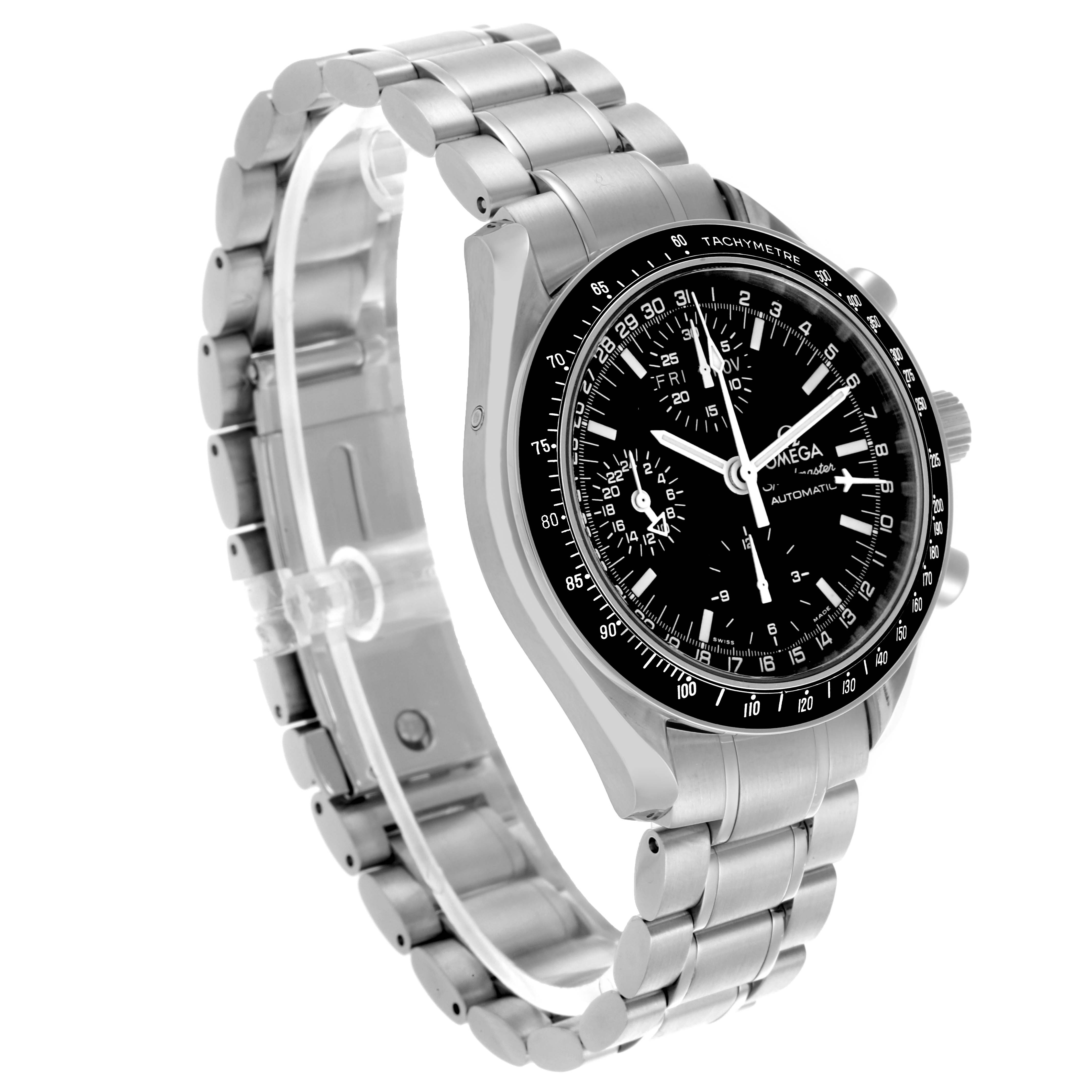 The Omega Speedmaster 3520.50.00 Men
s Stainless Steel Black Dial 3520.50.00 Men
s Stainless Steel Black Dial watch is shown at a three-quarter angle, displaying its face, bezel, and bracelet.