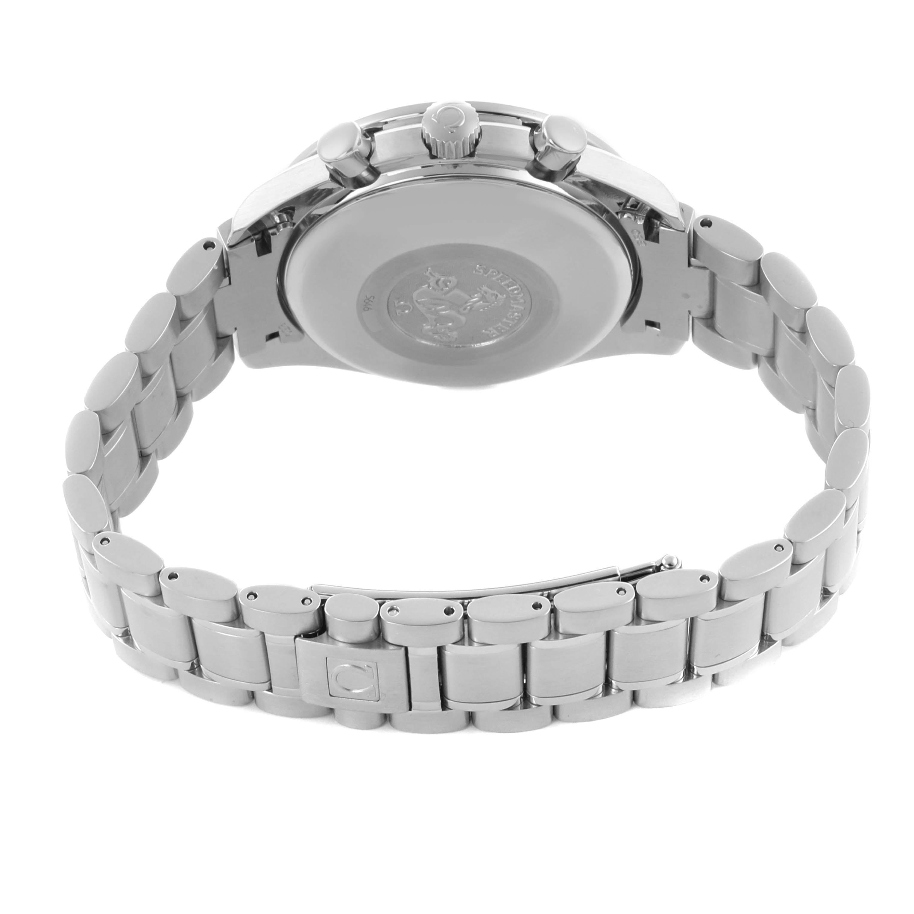 The Omega Speedmaster 3520.50.00 Men
s Stainless Steel Black Dial 3520.50.00 Men
s Stainless Steel Black Dial watch is shown from the back, displaying the case back, crown, pushers, and metal bracelet.